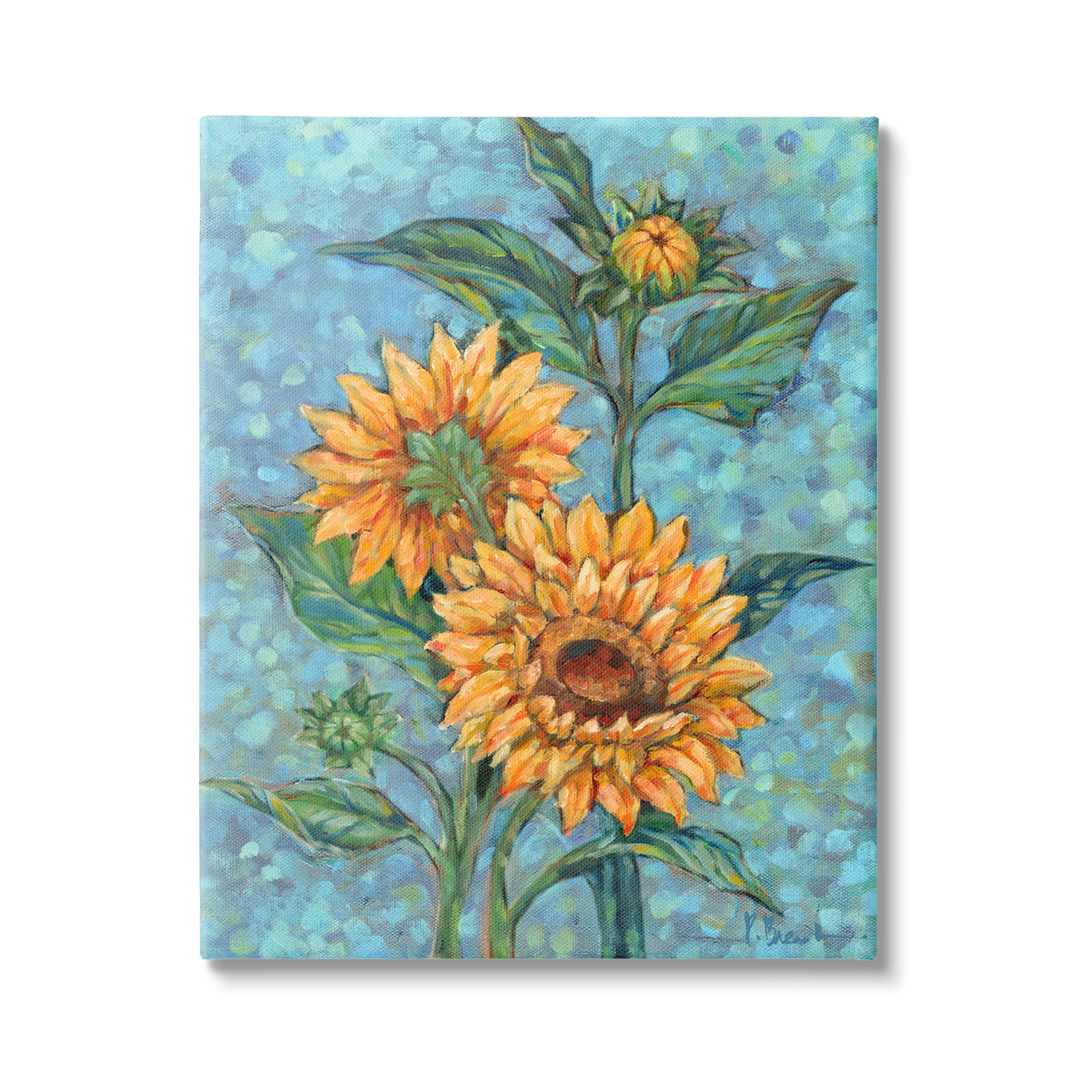 Stupell Industries Budding Sunflowers on Blue Botanical & Floral Painting Gallery Wrapped Canvas Art Print Wall Art, 16 x 20