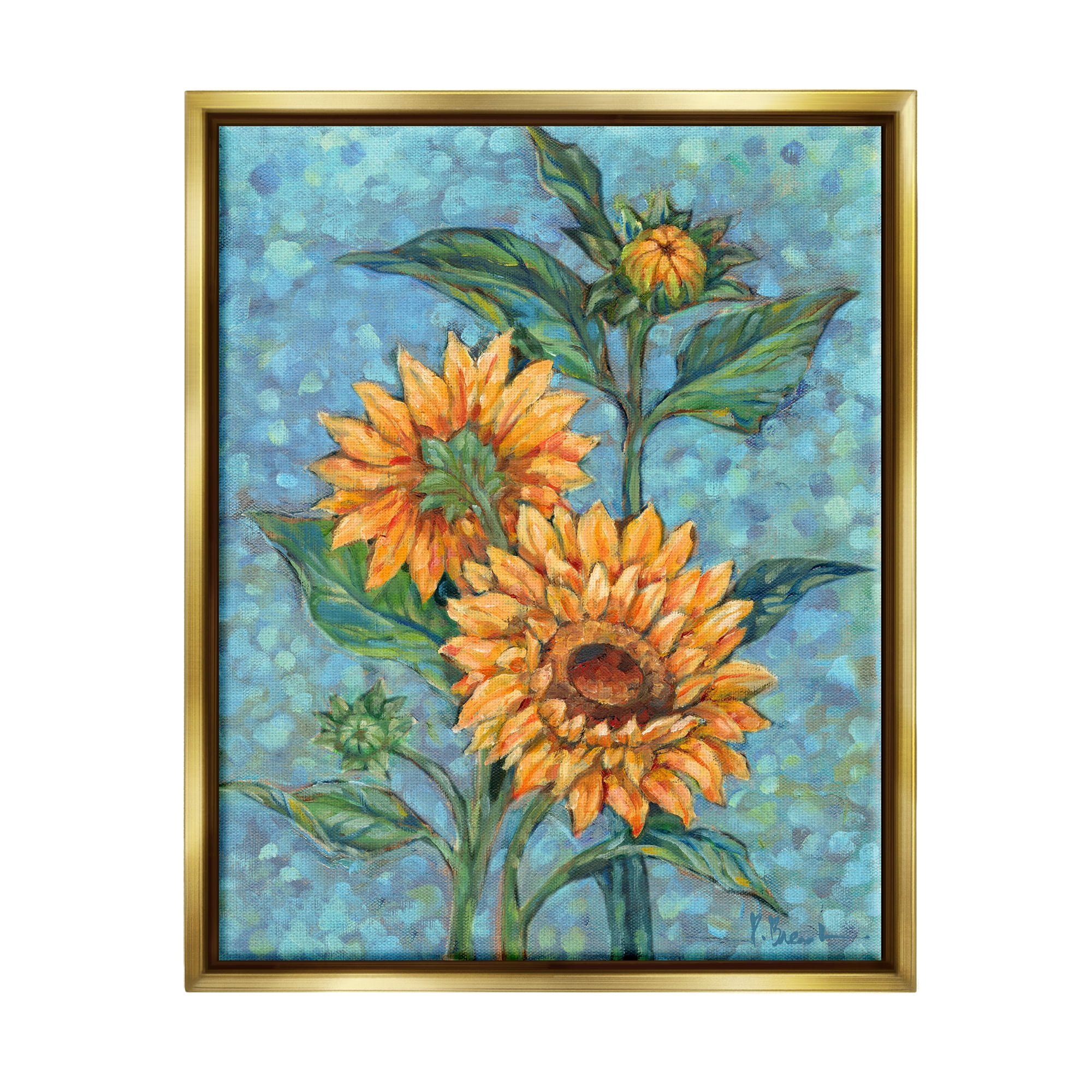Stupell Industries Budding Sunflowers on Blue Botanical & Floral Painting Gold Floater Framed Canvas Art Print Wall Art, 17 x 21