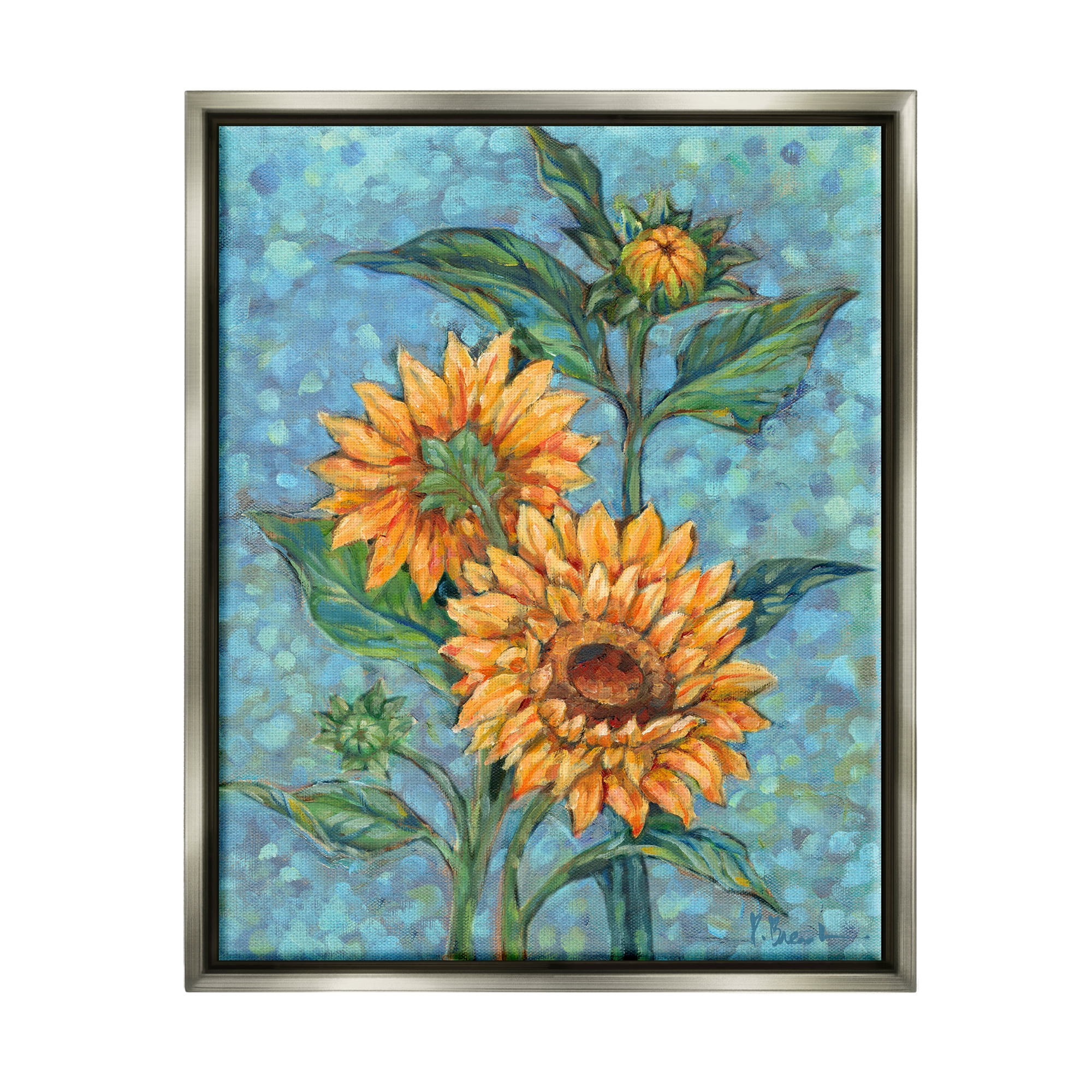 Stupell Industries Budding Sunflowers on Blue Botanical & Floral Painting Gray Floater Framed Canvas Art Print Wall Art, 17 x 21