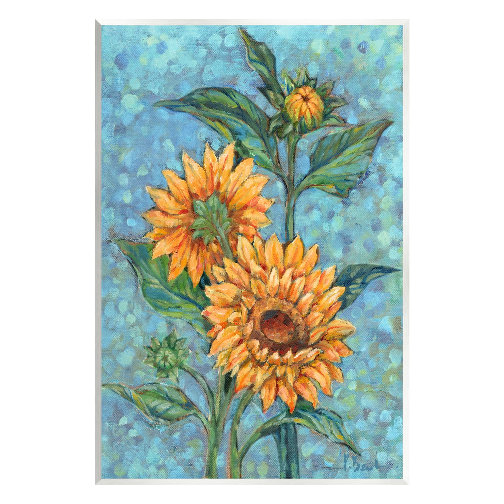 Stupell Industries Budding Sunflowers on Blue Botanical & Floral Painting Unframed Art Print Wall Art, 13 x 19