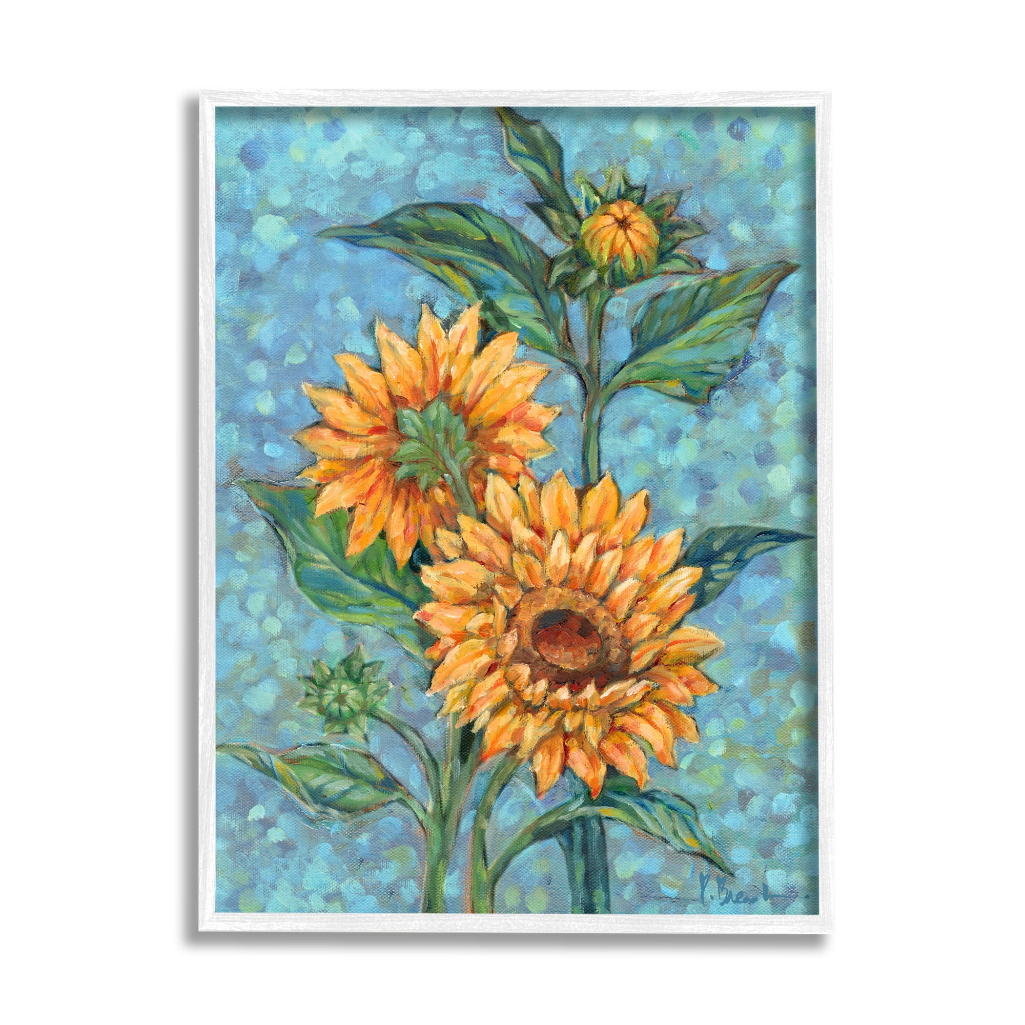 Stupell Industries Budding Sunflowers on Blue Botanical & Floral Painting White Framed Art Print Wall Art, 16 x 20