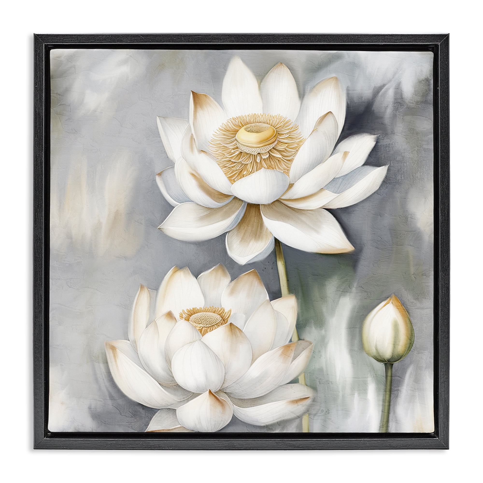 Stupell Industries Budding White Lotus Plants & Flowers Painting Black Floater Framed Canvas Art Print Wall Art, 18 x 18
