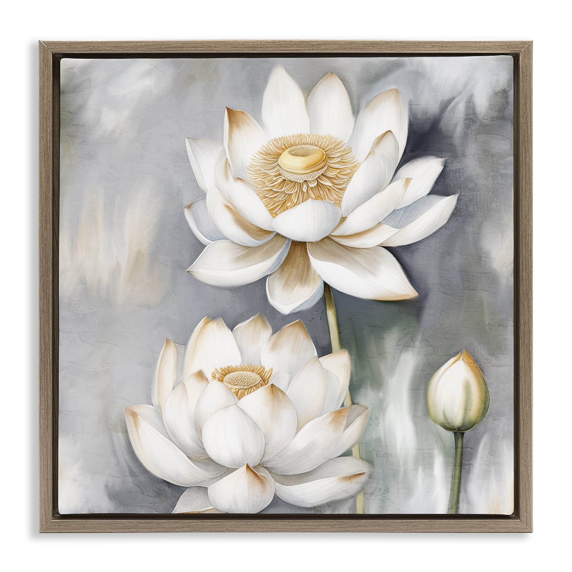 Stupell Industries Budding White Lotus Plants & Flowers Painting Brown Floater Framed Canvas Art Print Wall Art, 18 x 18