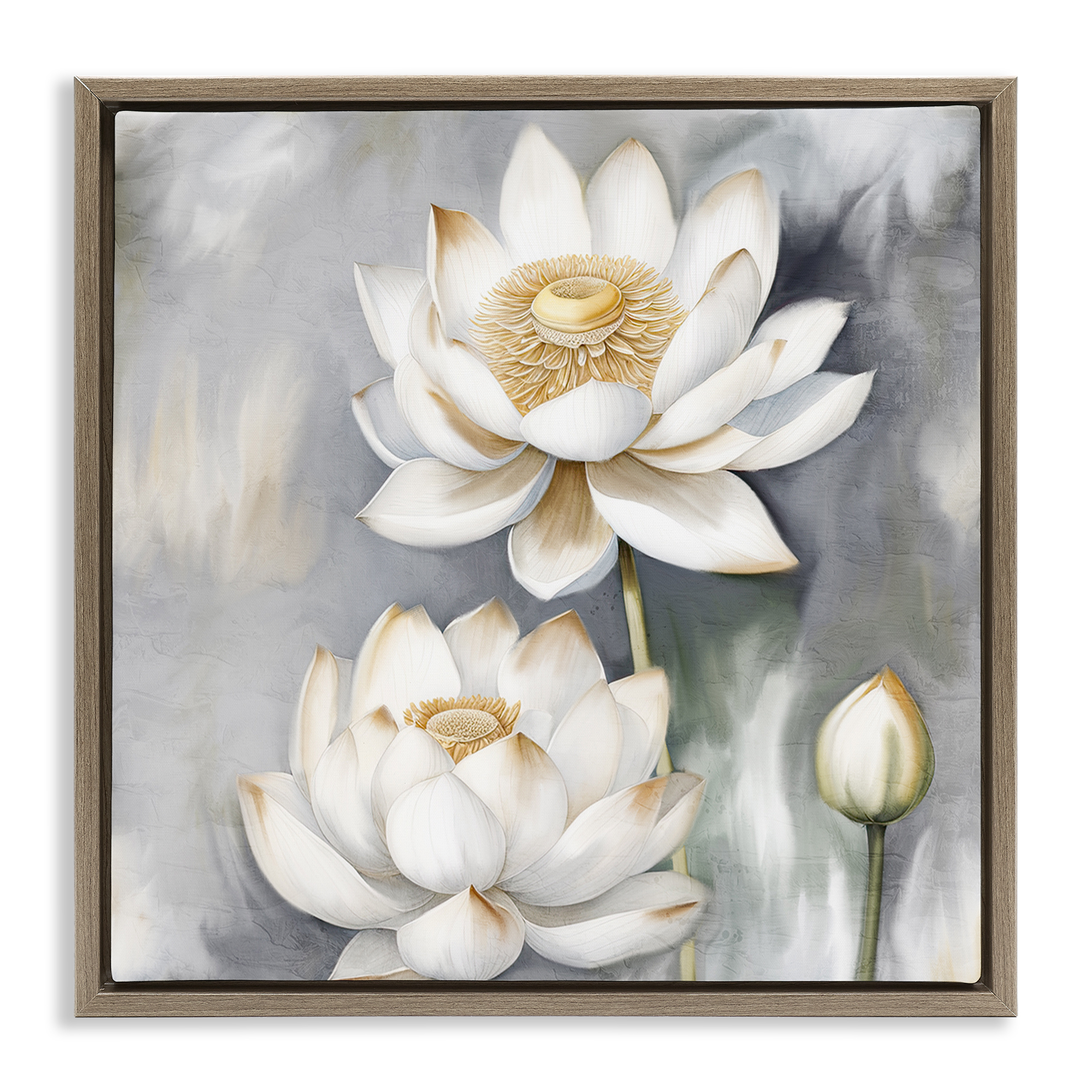 Stupell Industries Budding White Lotus Plants & Flowers Painting Brown Floater Framed Canvas Art Print Wall Art, 25 x 25