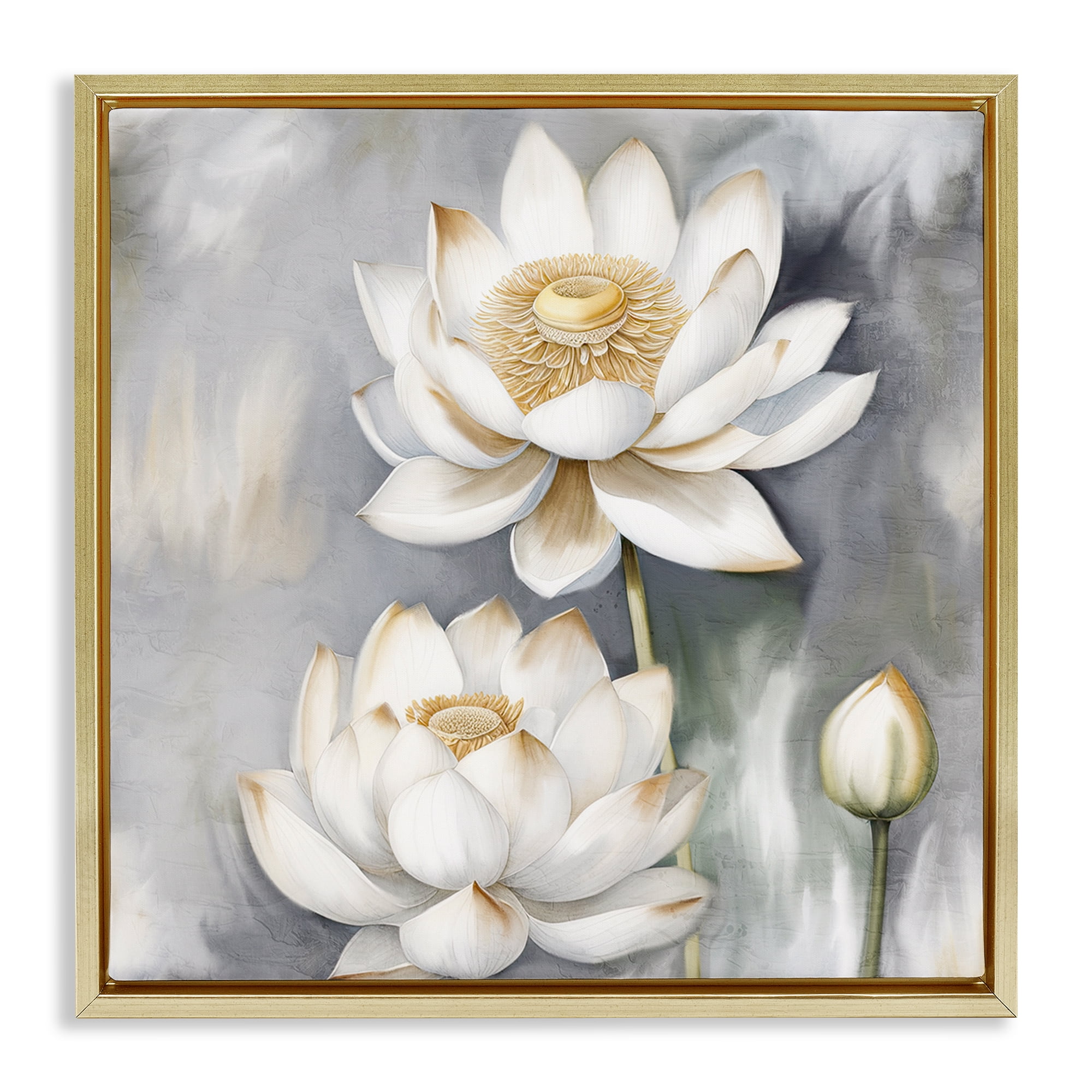 Stupell Industries Budding White Lotus Plants & Flowers Painting Gold Floater Framed Canvas Art Print Wall Art, 18 x 18
