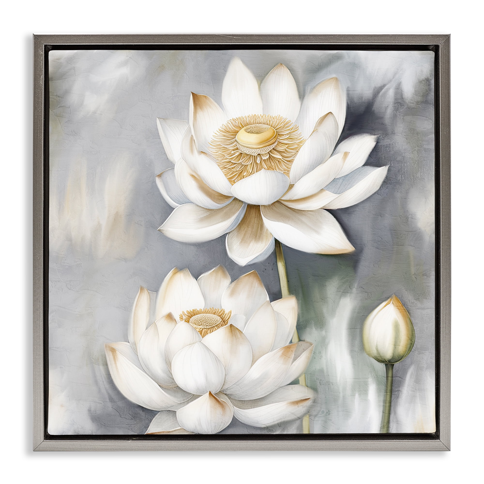 Stupell Industries Budding White Lotus Plants & Flowers Painting Gray Floater Framed Canvas Art Print Wall Art, 18 x 18