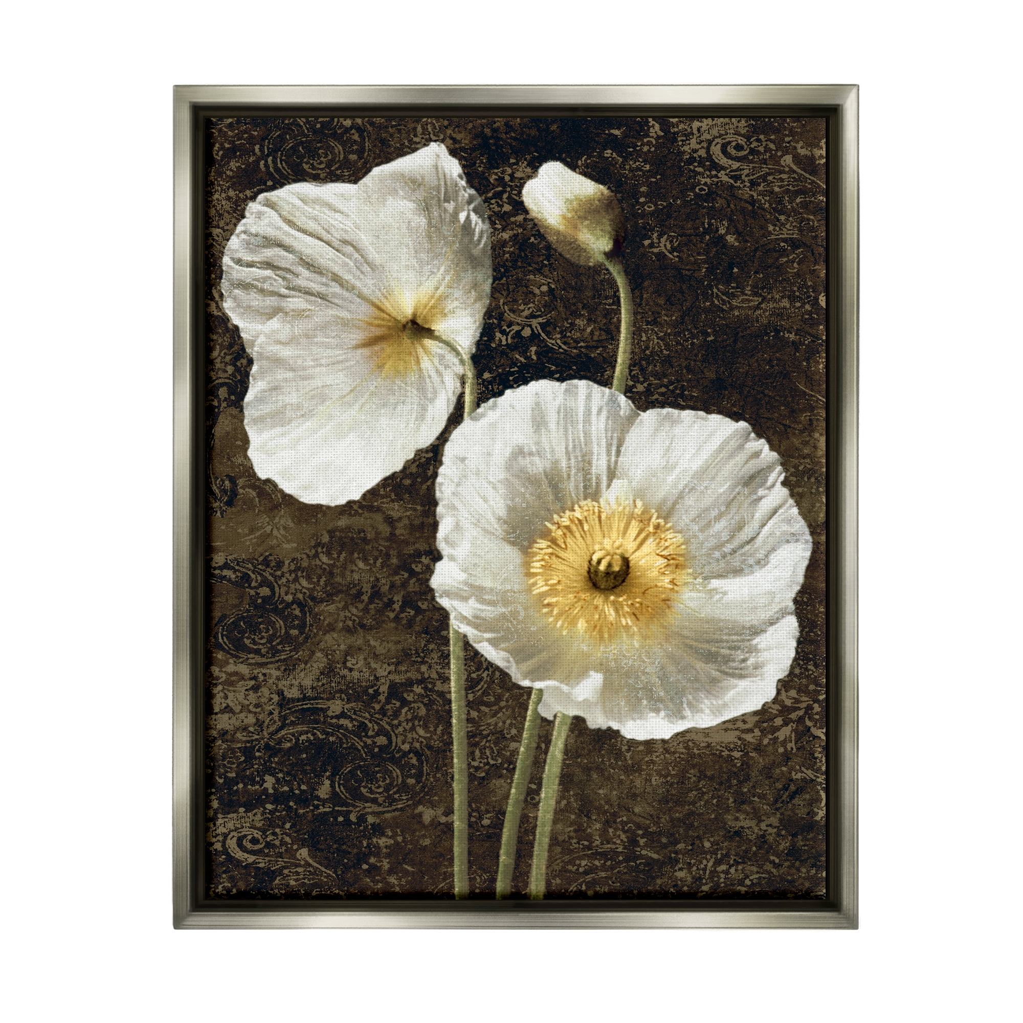 Stupell Industries Budding White Poppies Botanical & Floral Painting Gray Floater Framed Canvas Art Print Wall Art, 25 x 31