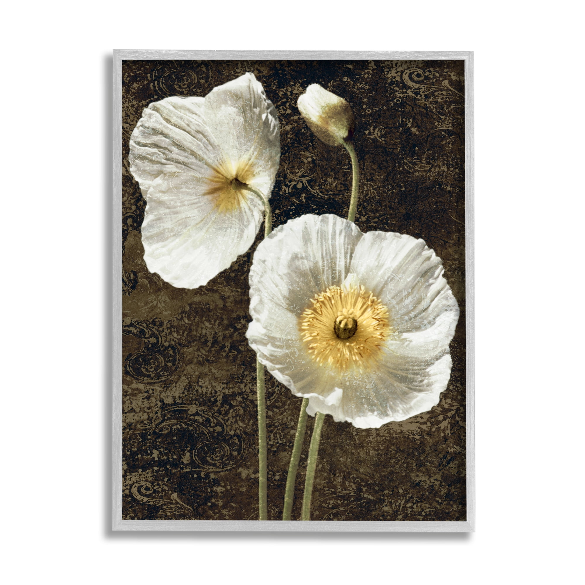 Stupell Industries Budding White Poppies Botanical & Floral Painting Gray Framed Art Print Wall Art, 16 x 20