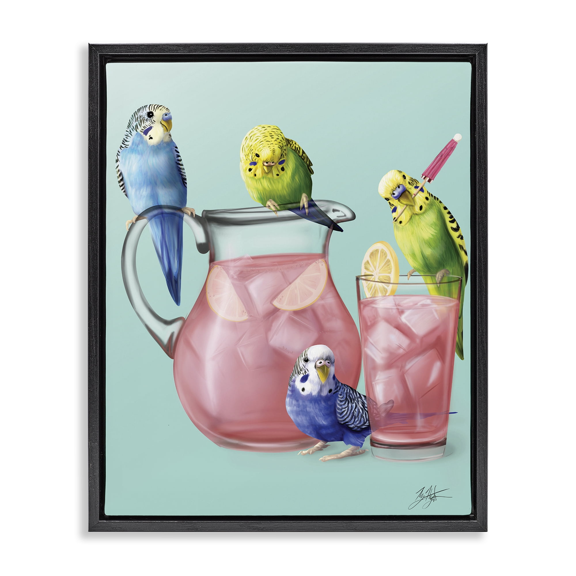 Stupell Industries Budgies & Pink Lemonade Food & Beverage Painting Black Floater Framed Canvas Art Print Wall Art, 17 x 21