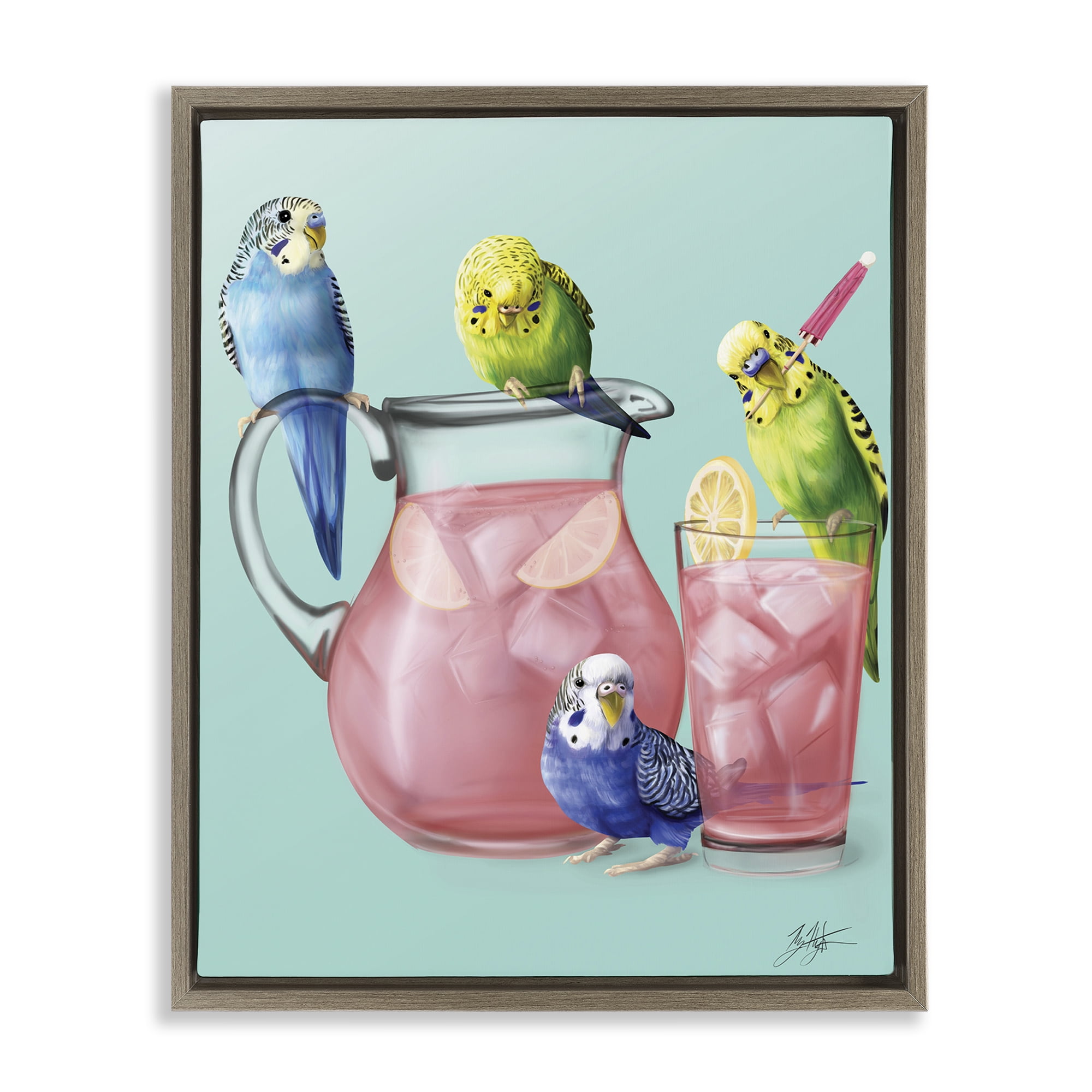 Stupell Industries Budgies & Pink Lemonade Food & Beverage Painting Brown Floater Framed Canvas Art Print Wall Art, 17 x 21