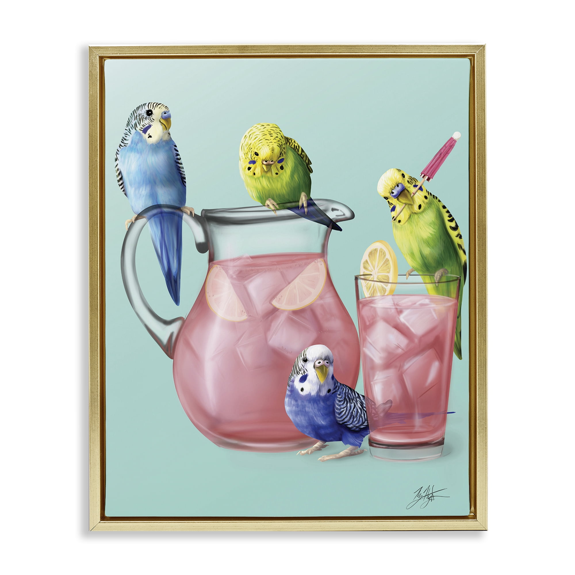 Stupell Industries Budgies & Pink Lemonade Food & Beverage Painting Gold Floater Framed Canvas Art Print Wall Art, 25 x 31