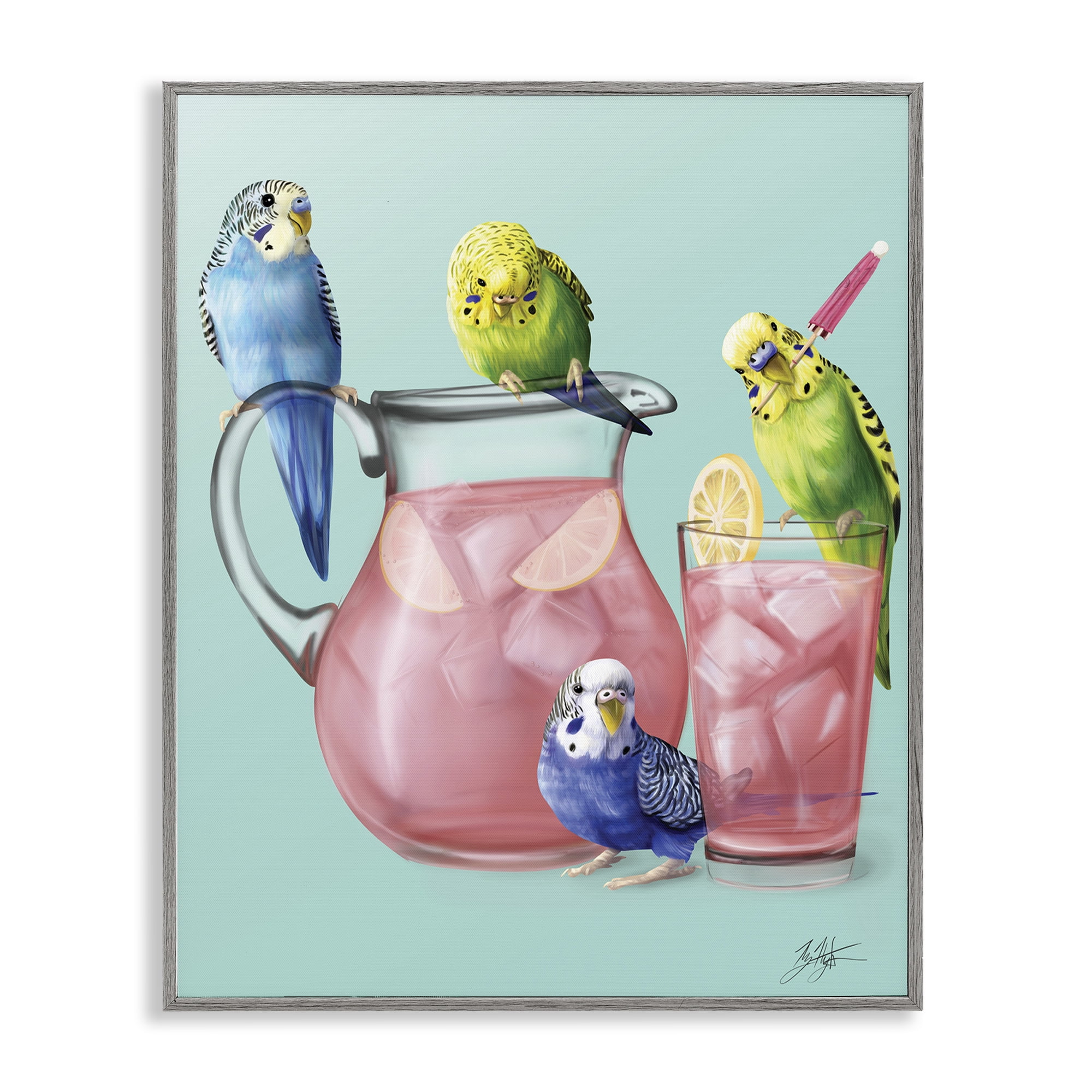 Stupell Industries Budgies & Pink Lemonade Food & Beverage Painting Gray Framed Art Print Wall Art, 24 x 30