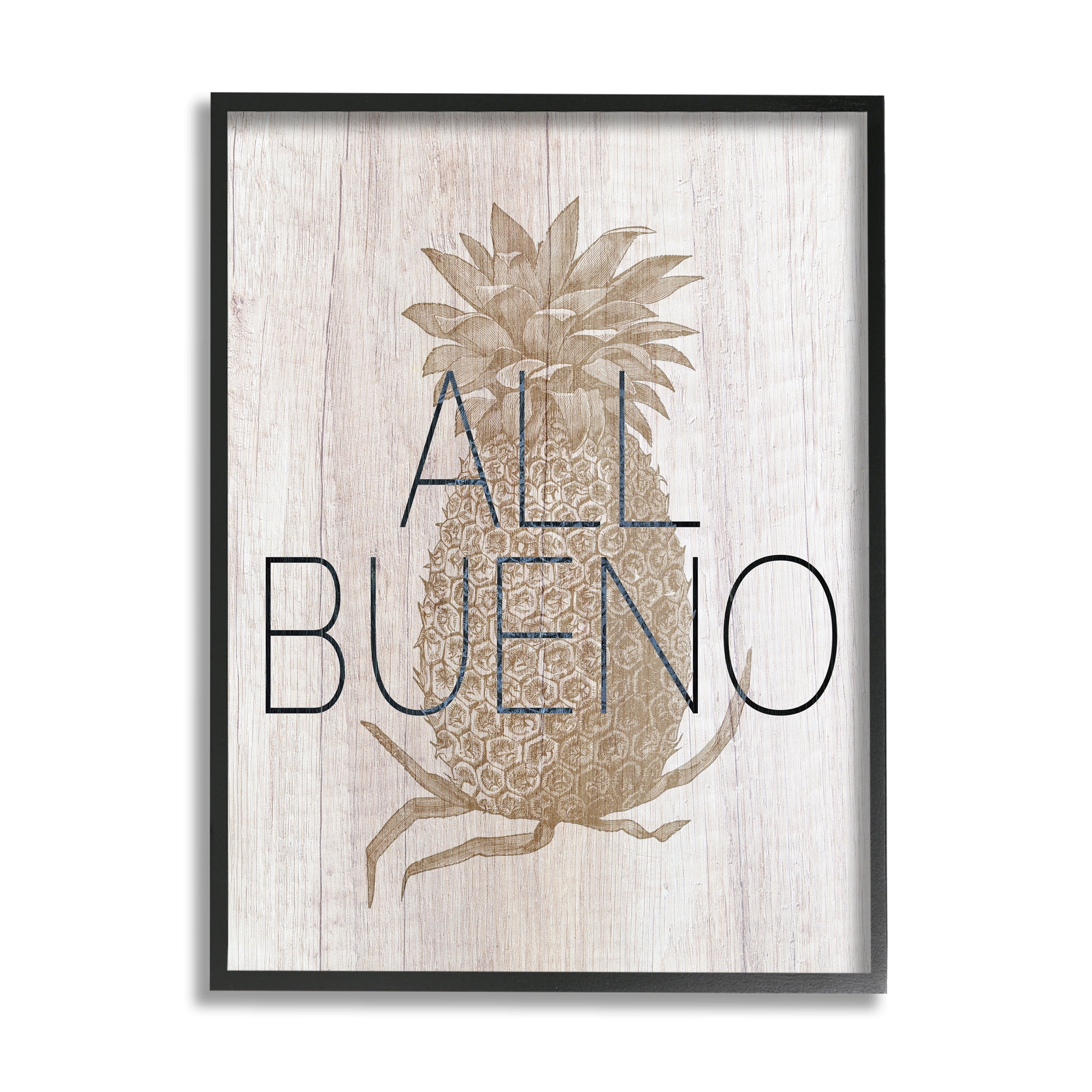 Stupell Industries All Bueno Phrase Vintage Pineapple Illustration Rustic Pattern Graphic Art Black Framed Art Print Wall Art, 24x30, by Daphne Polselli