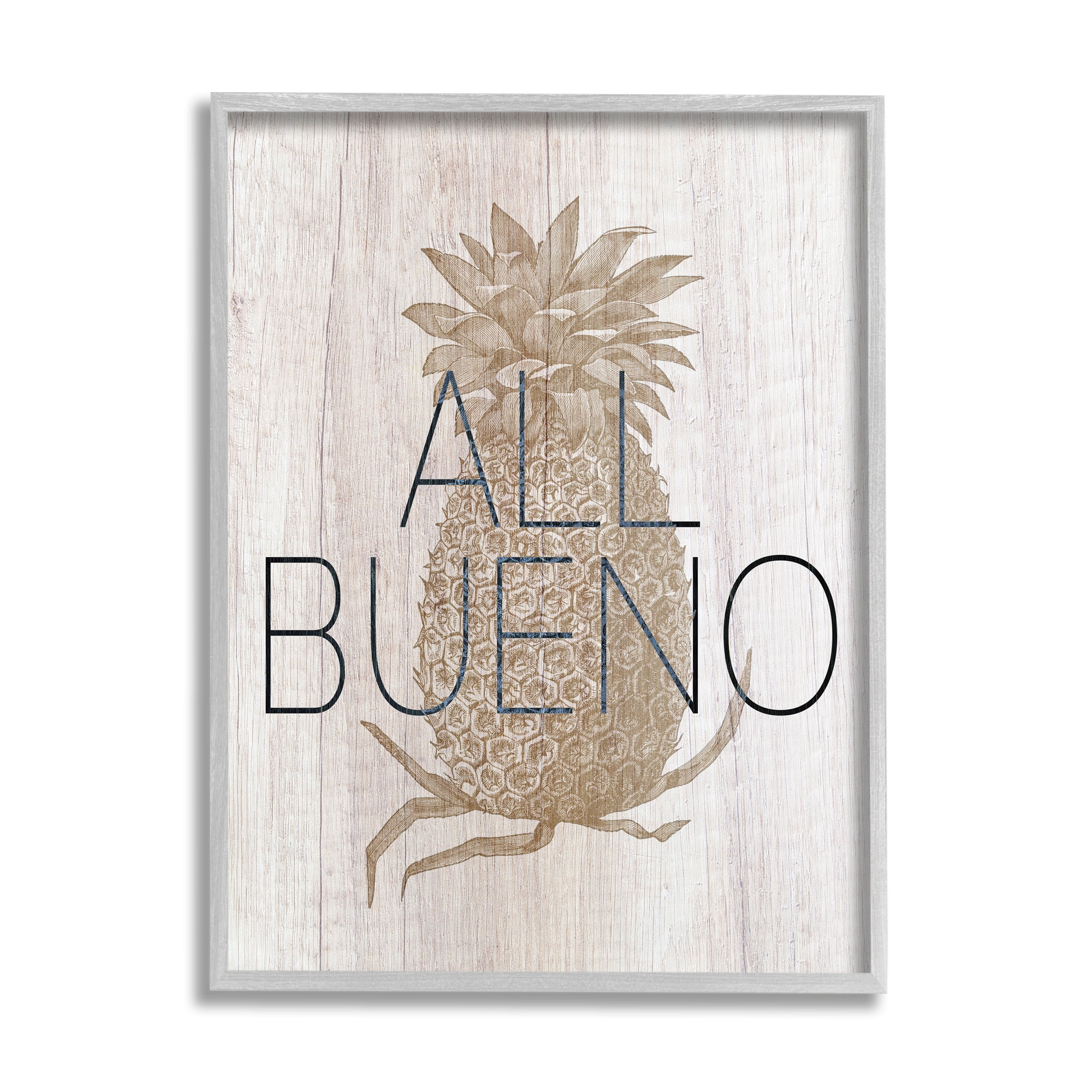 Stupell Industries All Bueno Phrase Vintage Pineapple Illustration Rustic Pattern Graphic Art Gray Framed Art Print Wall Art, 16x20, by Daphne Polselli