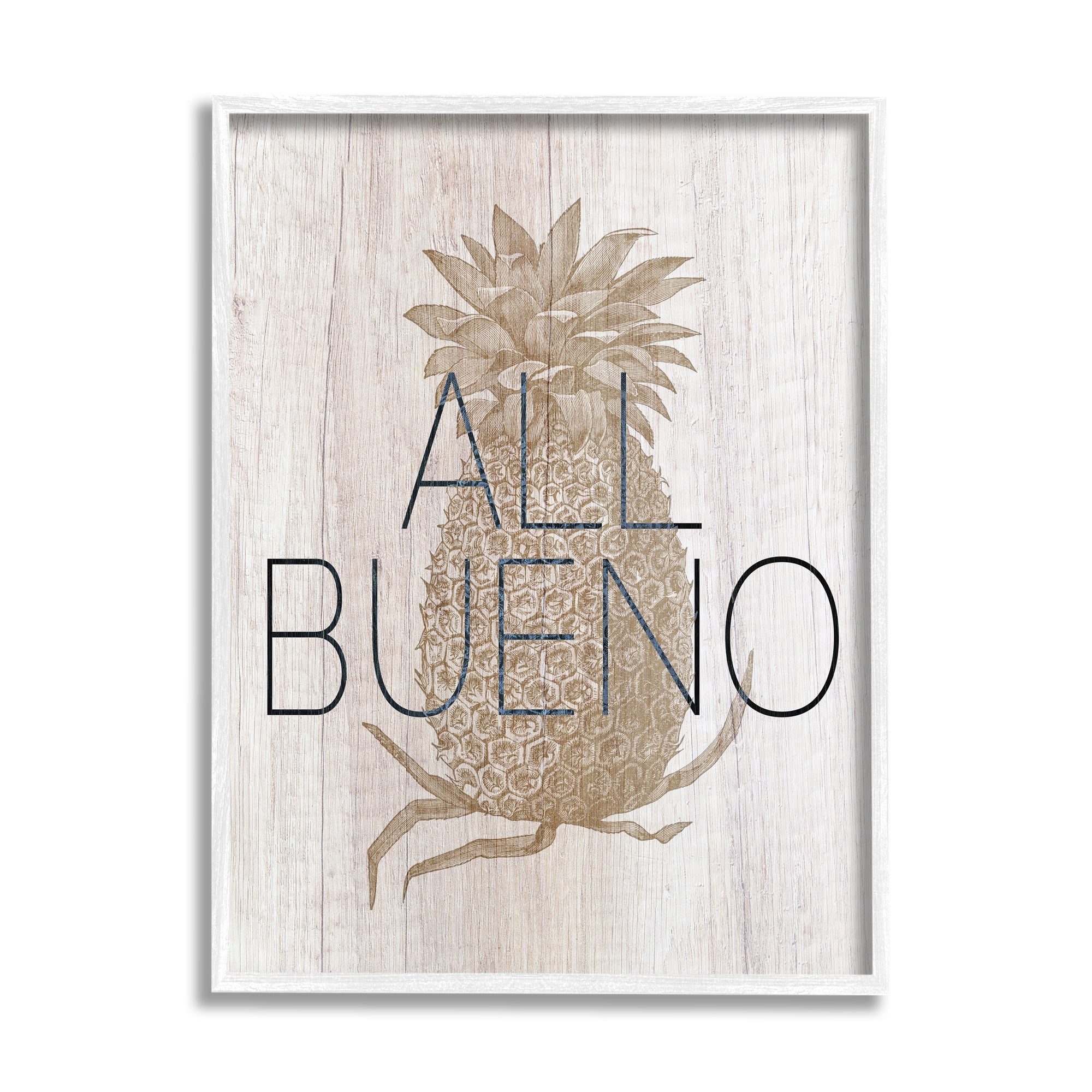 Stupell Industries All Bueno Phrase Vintage Pineapple Illustration Rustic Pattern Graphic Art White Framed Art Print Wall Art, 16x20, by Daphne Polselli