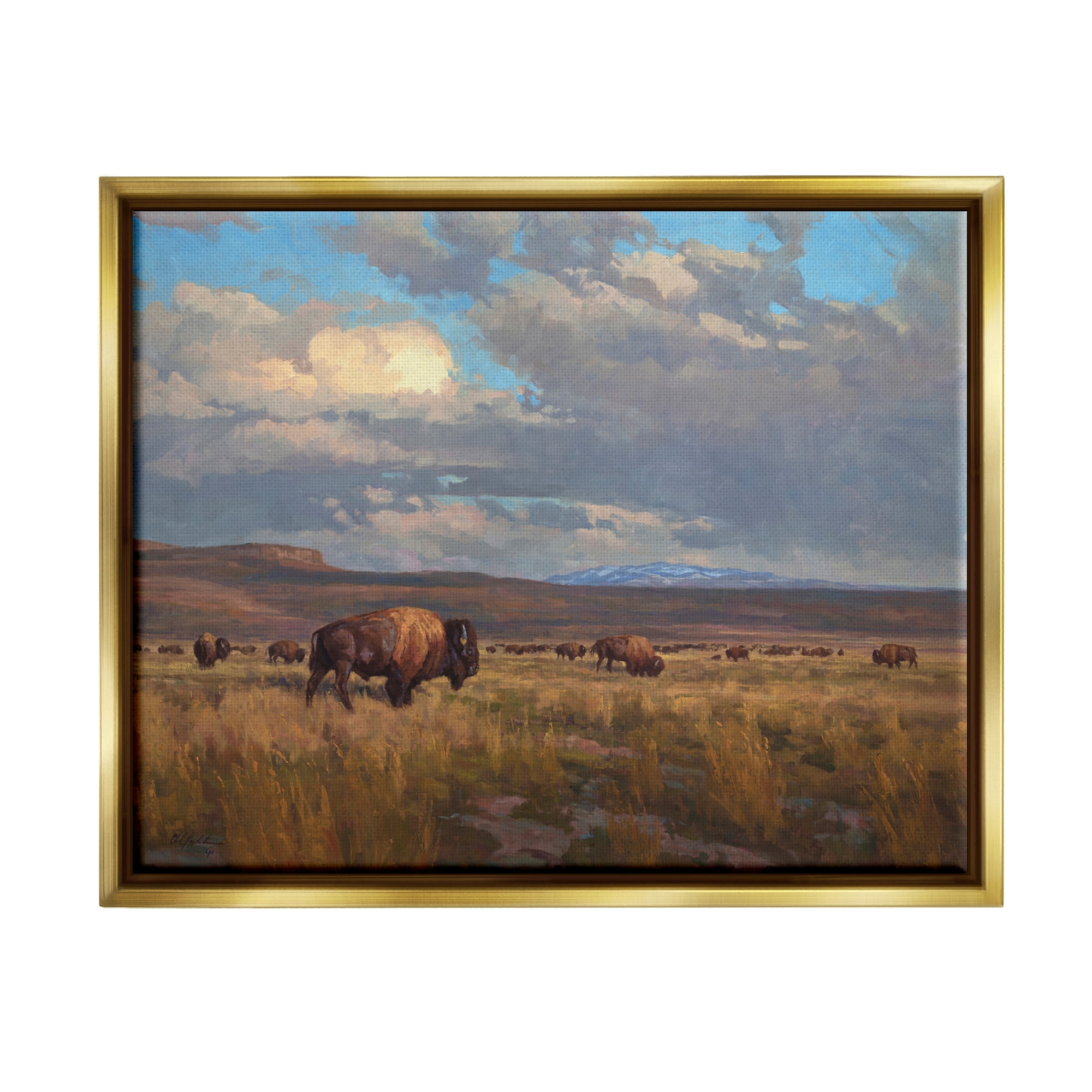 Stupell Industries Buffalo Cloudy Landscape Landscape Painting Gold Floater Framed Canvas Art Print Wall Art, 31 x 25