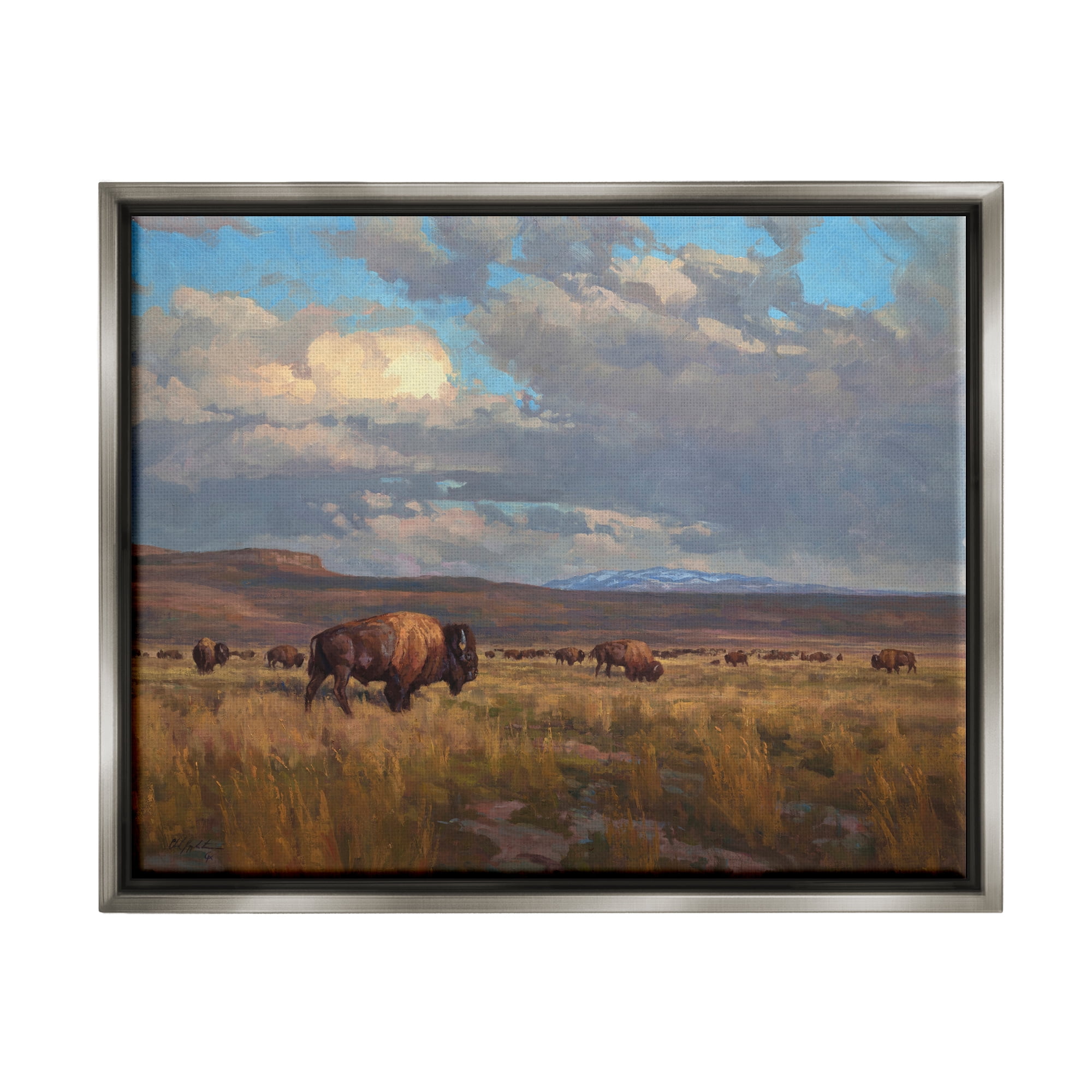 Stupell Industries Buffalo Cloudy Landscape Landscape Painting Gray Floater Framed Canvas Art Print Wall Art, 31 x 25