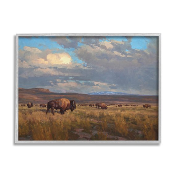 Stupell Industries Buffalo Cloudy Landscape Landscape Painting Gray Framed Art Print Wall Art, 20 x 16