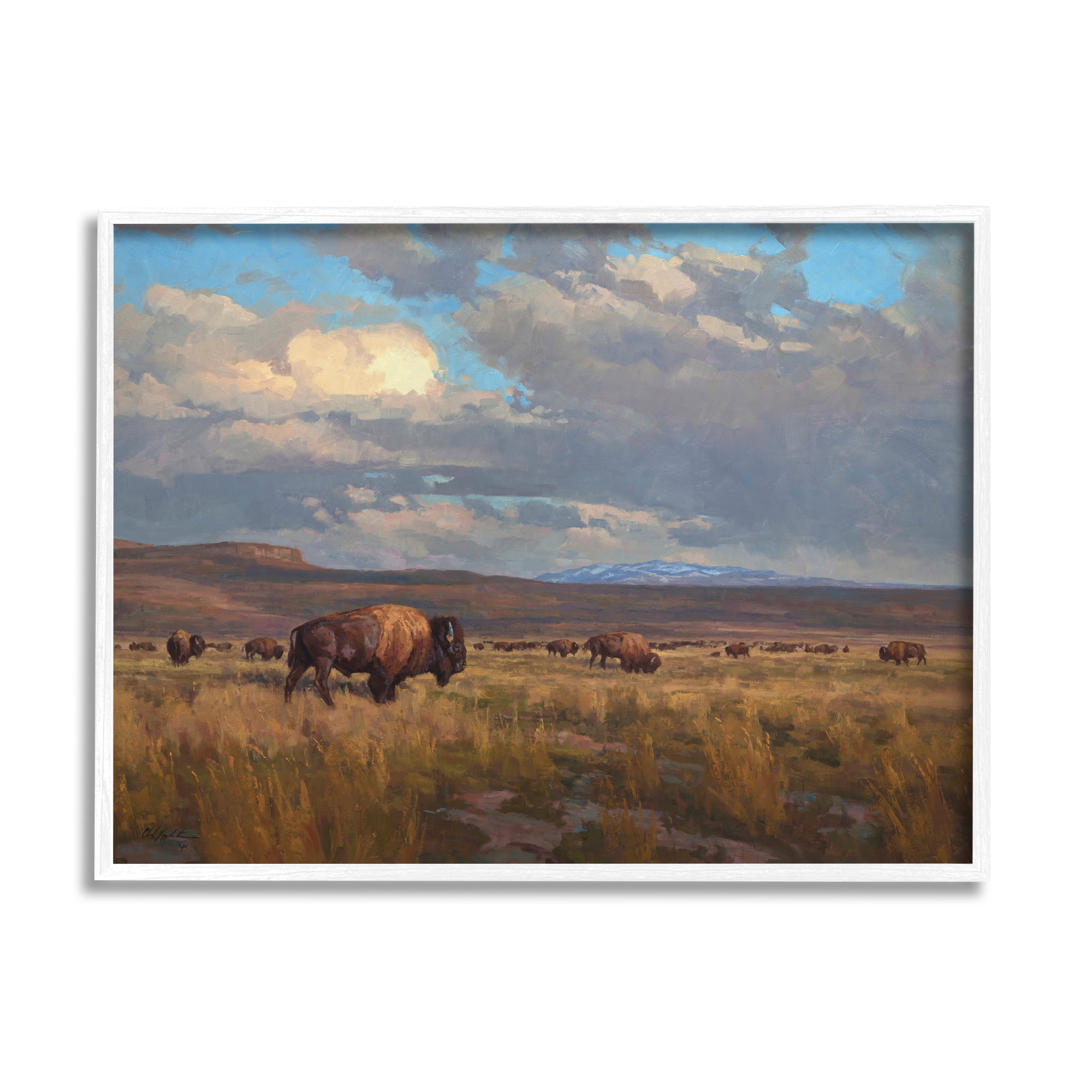 Stupell Industries Buffalo Cloudy Landscape Landscape Painting White Framed Art Print Wall Art, 14 x 11