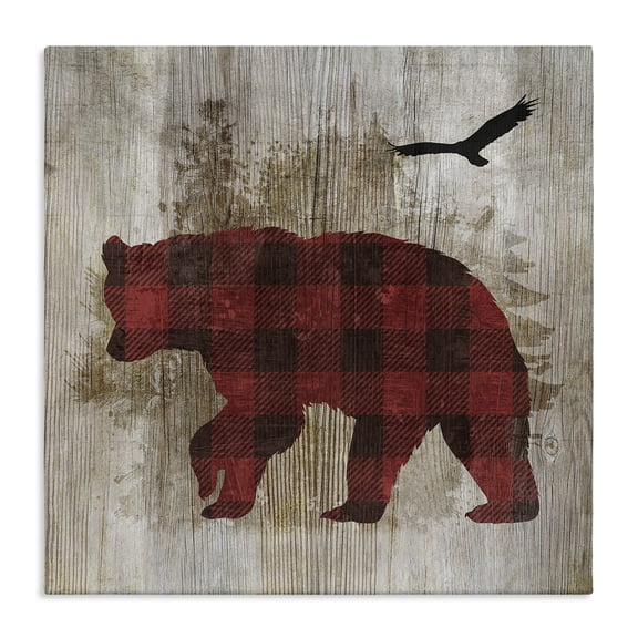 Stupell Industries Buffalo Plaid Bear & Bird Animals Painting Wrapped Canvas Canvas Art Print Wall Art, 17 x 17