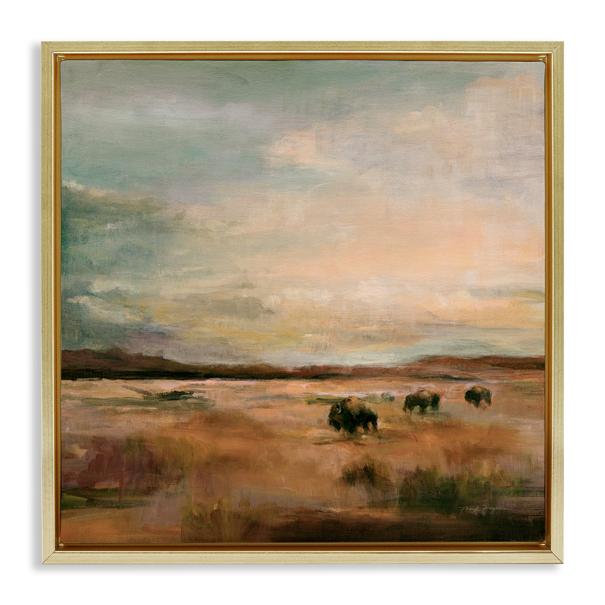Stupell Industries Buffalo Under Big Sky Landscape & Nature Painting Gold Floater Framed Canvas Art Print Wall Art, 18 x 18