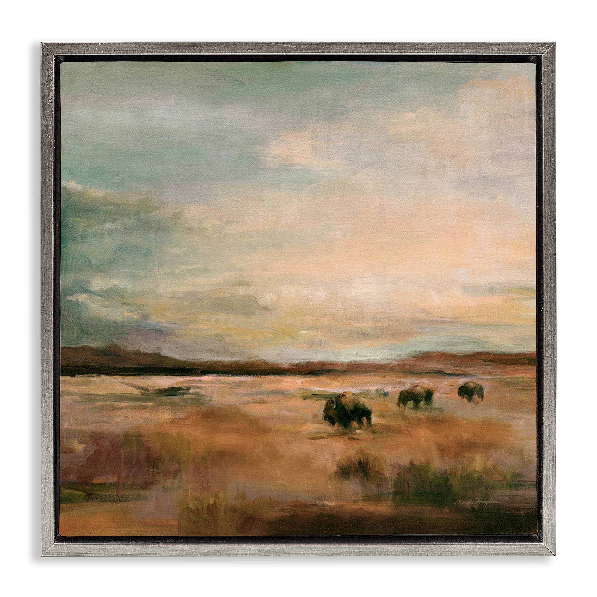 Stupell Industries Buffalo Under Big Sky Landscape & Nature Painting Gray Floater Framed Canvas Art Print Wall Art, 25 x 25