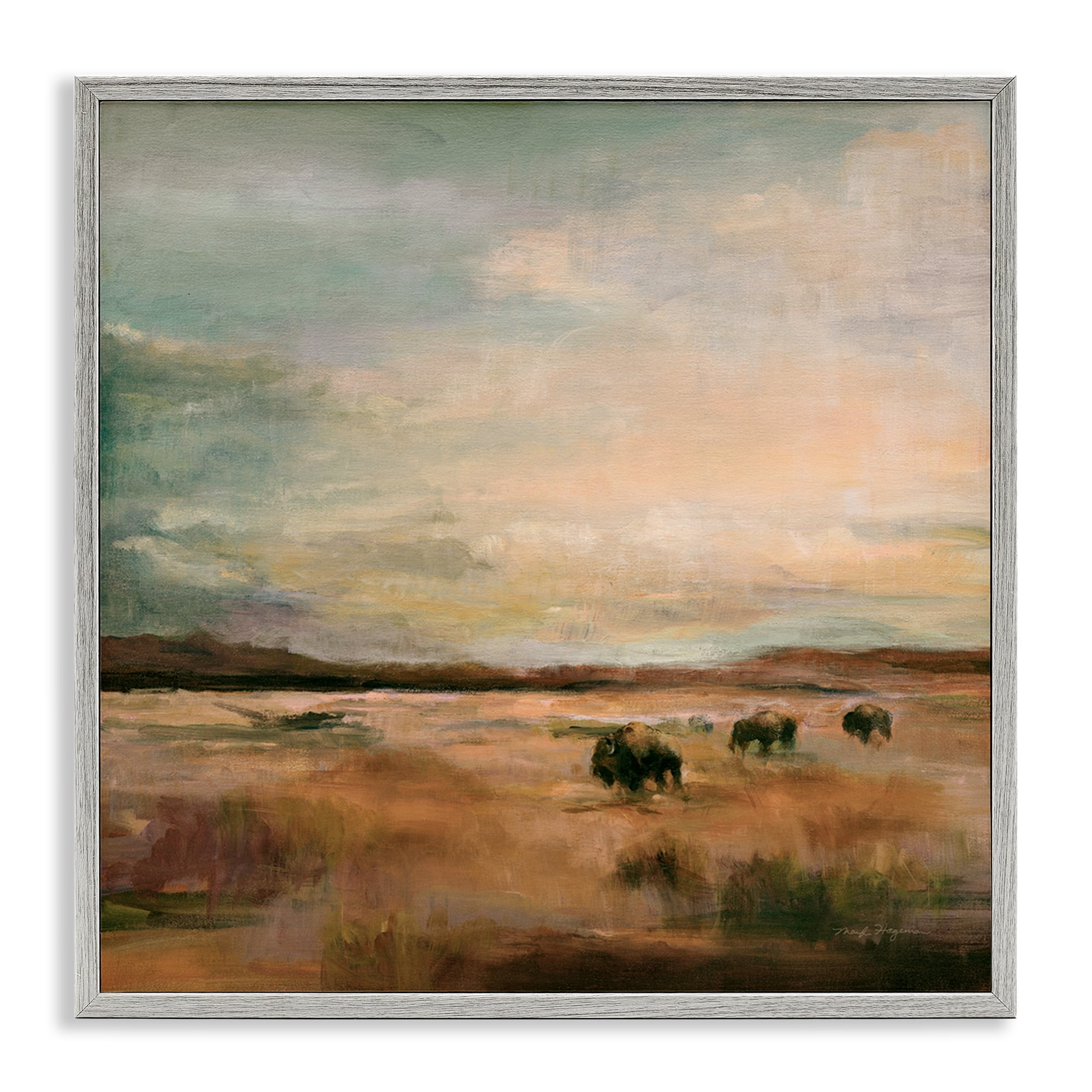 Stupell Industries Buffalo Under Big Sky Landscape & Nature Painting Gray Framed Art Print Wall Art, 17 x 17