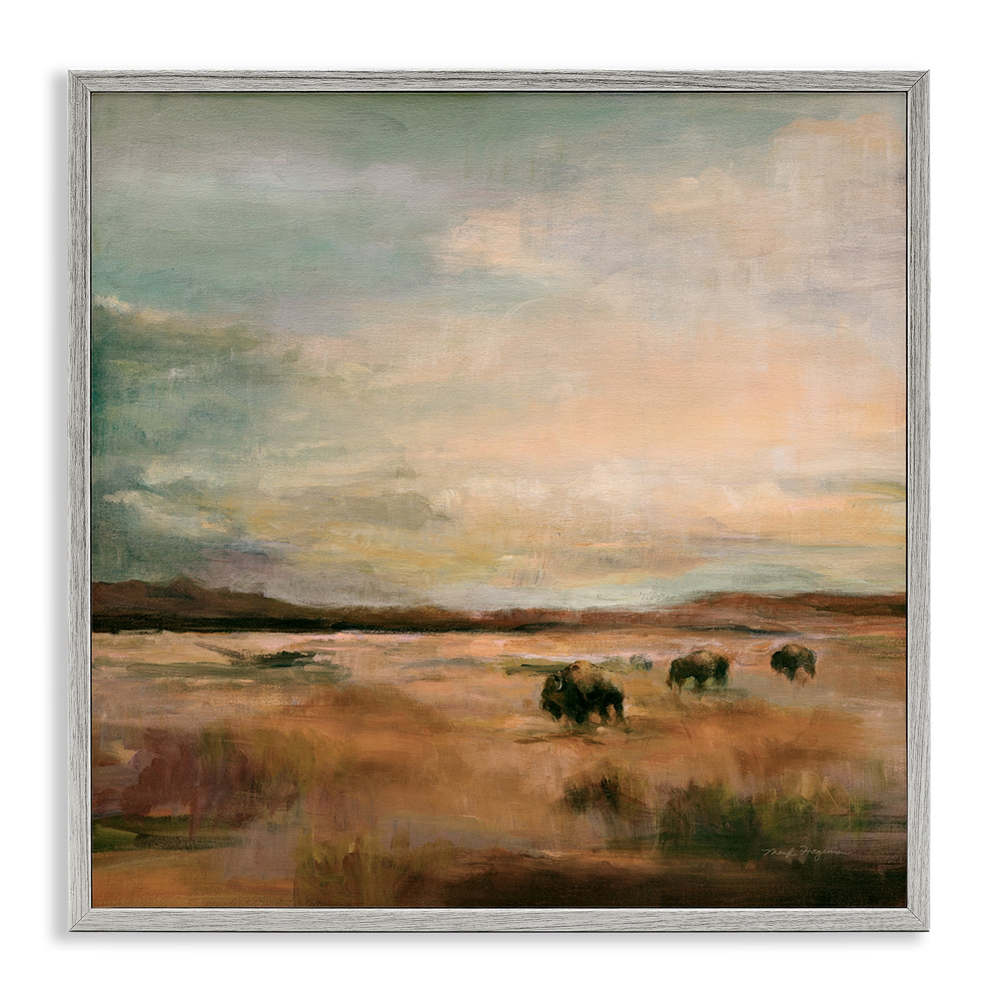 Stupell Industries Buffalo Under Big Sky Landscape & Nature Painting Gray Framed Art Print Wall Art, 24 x 24