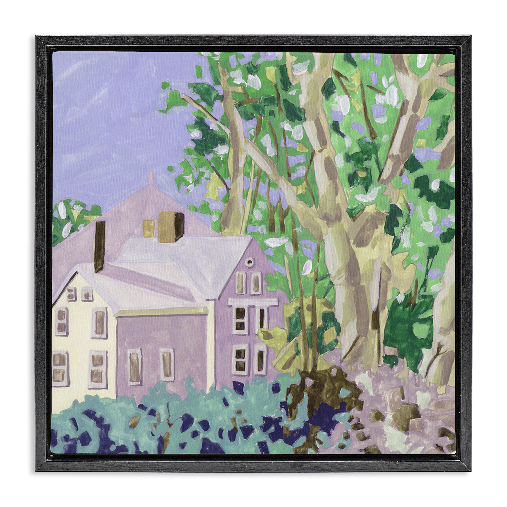 Stupell Industries Building View Through Trees Buildings & Architecture Painting Black Floater Framed Canvas Art Print Wall Art, 18 x 18