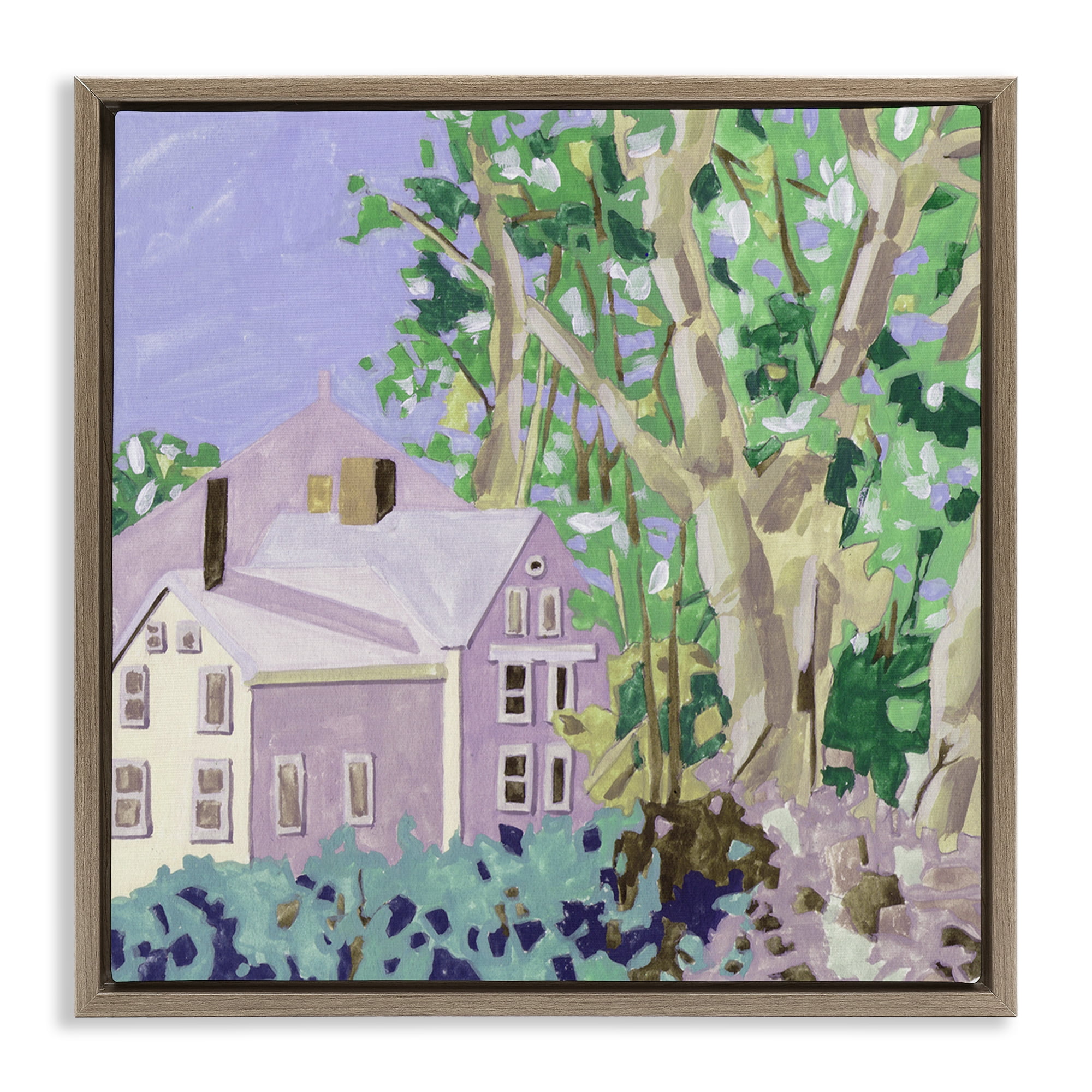 Stupell Industries Building View Through Trees Buildings & Architecture Painting Brown Floater Framed Canvas Art Print Wall Art, 18 x 18