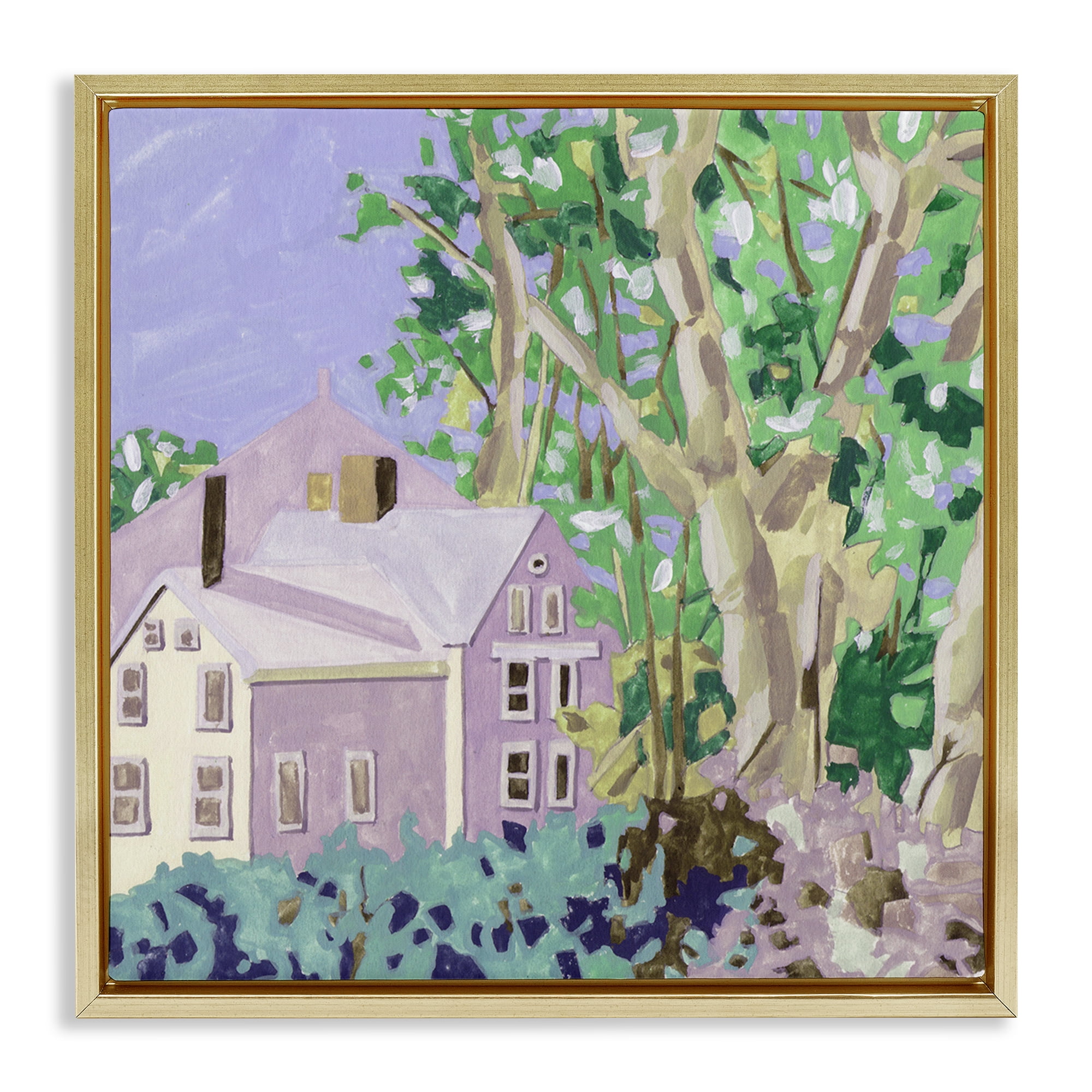 Stupell Industries Building View Through Trees Buildings & Architecture Painting Gold Floater Framed Canvas Art Print Wall Art, 18 x 18
