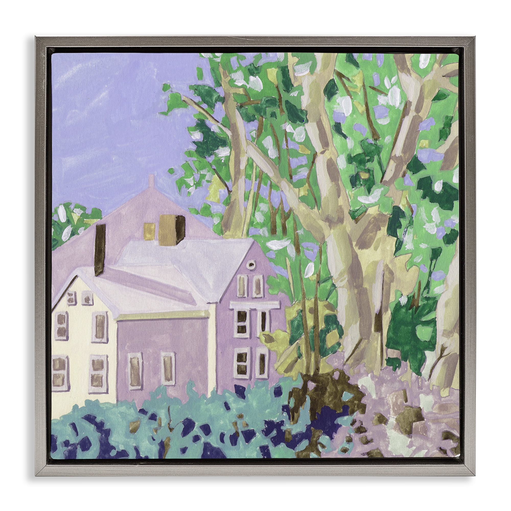 Stupell Industries Building View Through Trees Buildings & Architecture Painting Gray Floater Framed Canvas Art Print Wall Art, 18 x 18