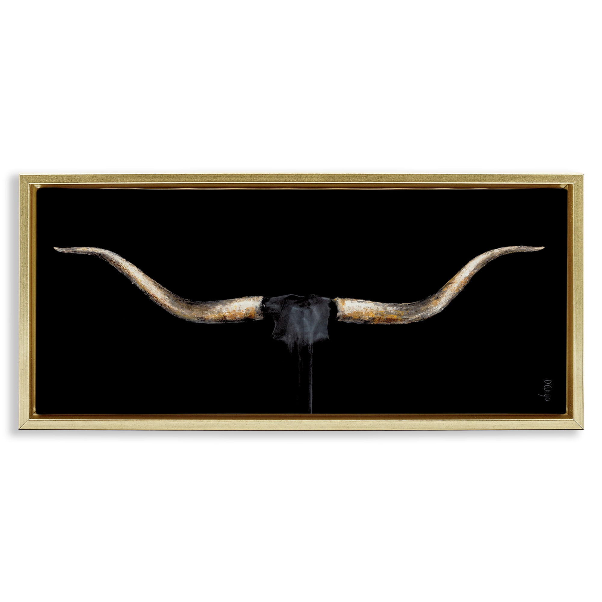 Stupell Industries Bull Horns Shadow Animal Painting Animals & Insects Painting Gold Floater Framed Canvas Art Print Wall Art, 25 x 11