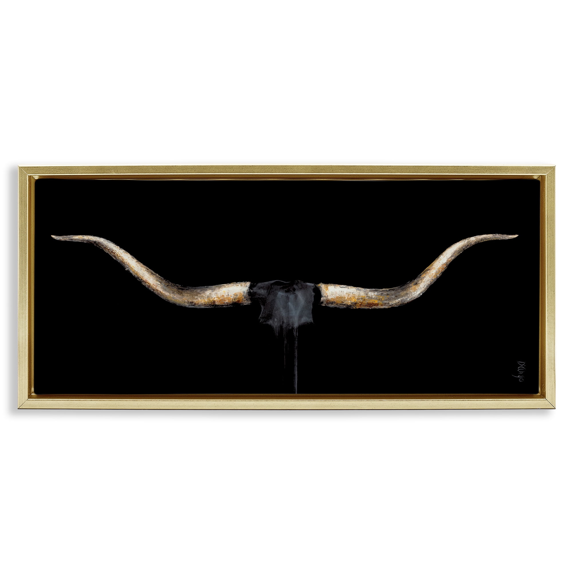 Stupell Industries Bull Horns Shadow Animal Painting Animals & Insects Painting Gold Floater Framed Canvas Art Print Wall Art, 31 x 14