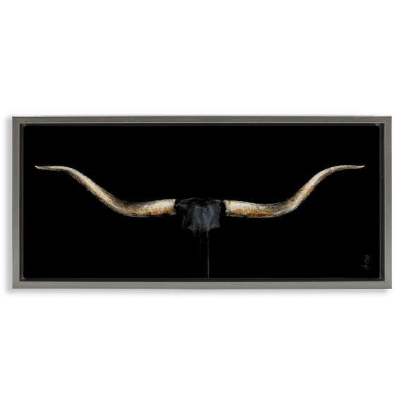 Stupell Industries Bull Horns Shadow Animal Painting Animals & Insects Painting Gray Floater Framed Canvas Art Print Wall Art, 31 x 14
