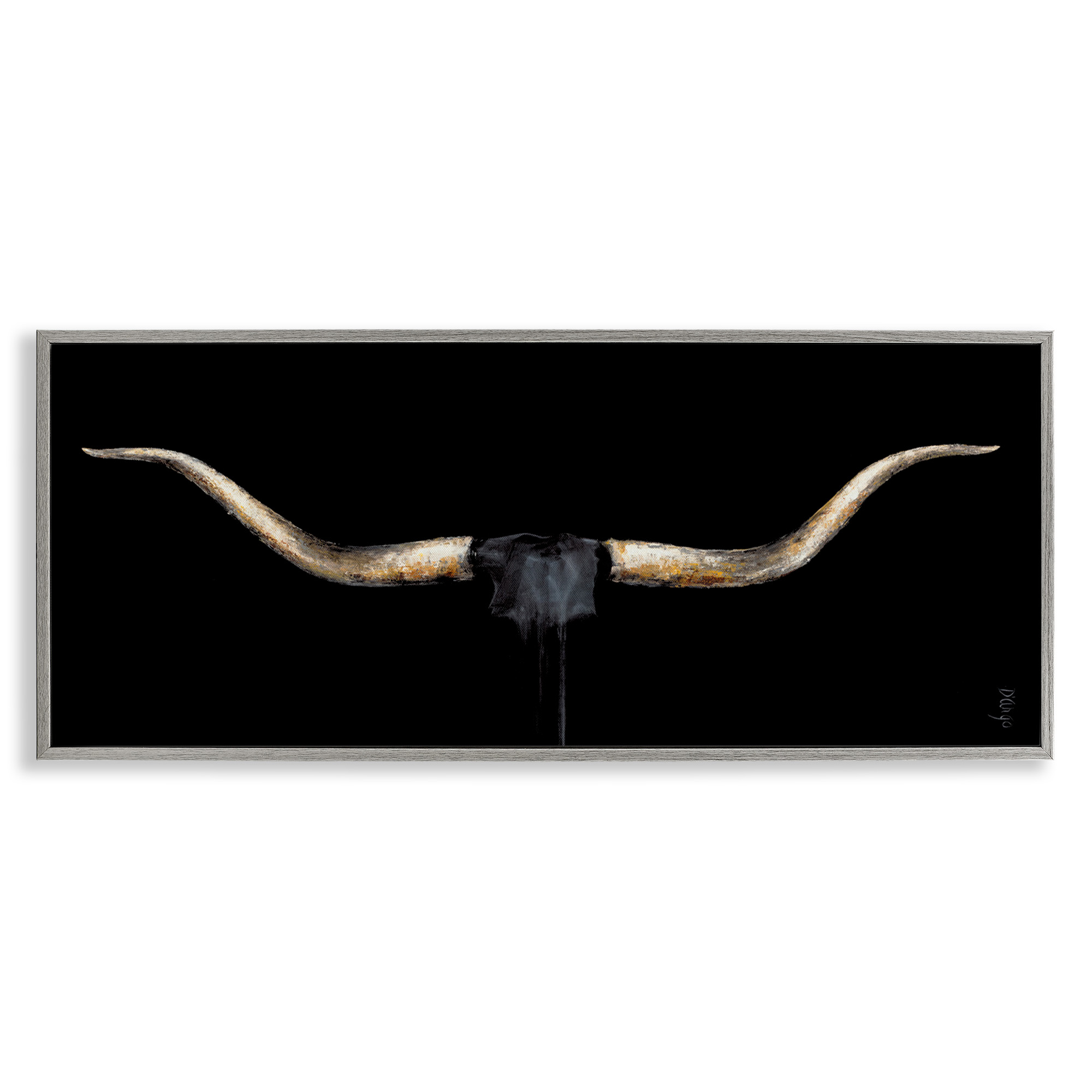 Stupell Industries Bull Horns Shadow Animal Painting Animals & Insects Painting Gray Framed Art Print Wall Art, 24 x 10
