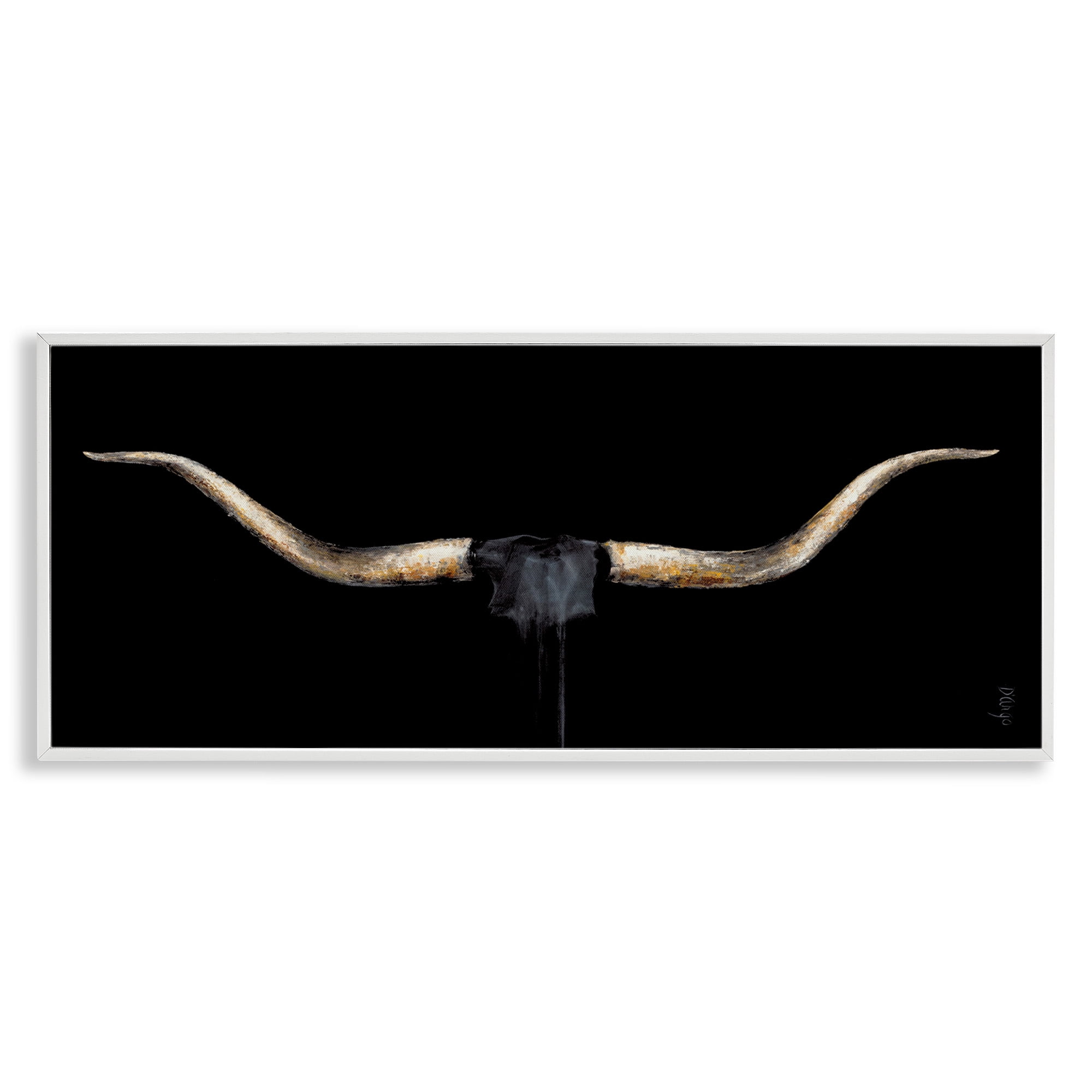 Stupell Industries Bull Horns Shadow Animal Painting Animals & Insects Painting White Framed Art Print Wall Art, 24 x 10