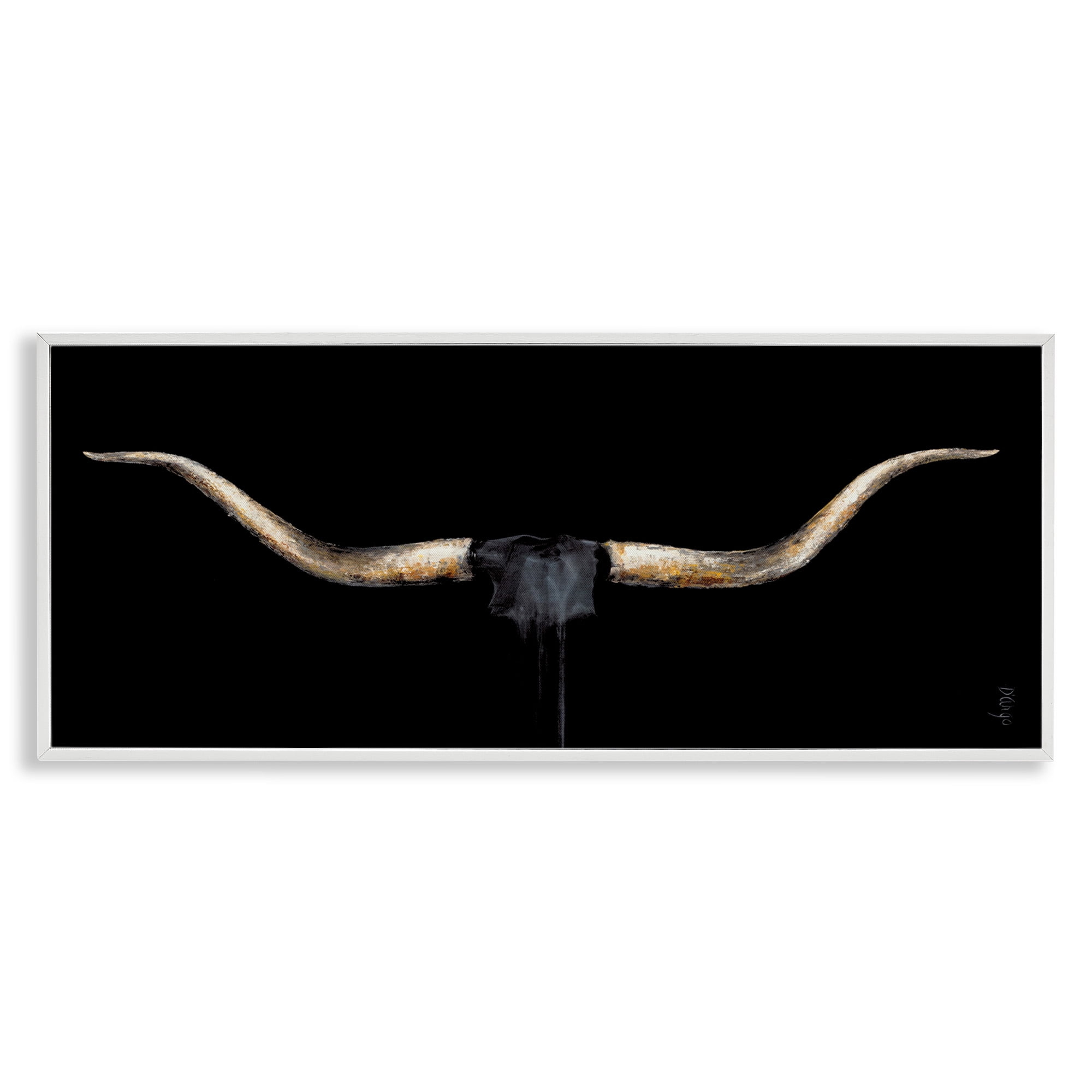 Stupell Industries Bull Horns Shadow Animal Painting Animals & Insects Painting White Framed Art Print Wall Art, 30 x 13