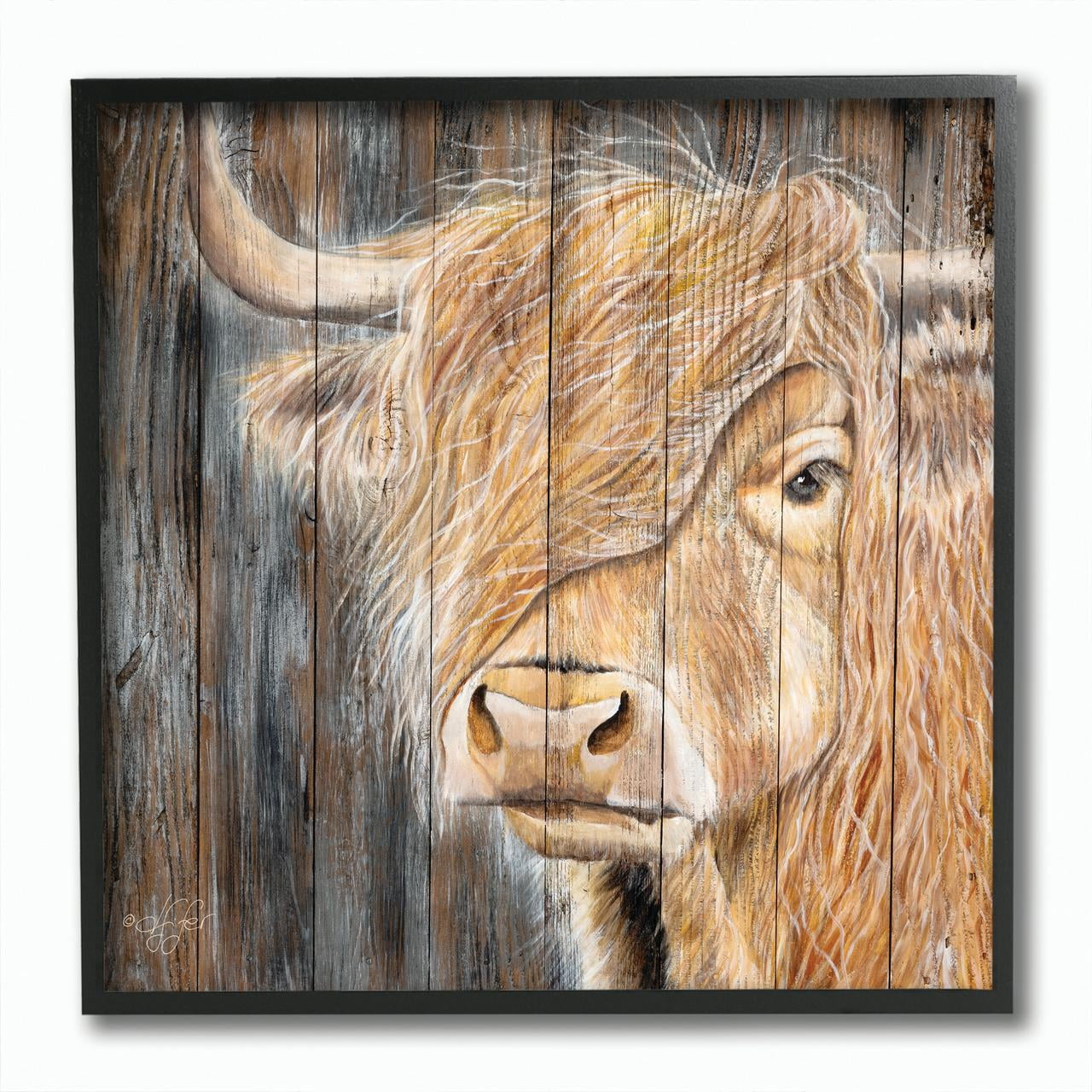 Stupell Industries Bull Portrait Wood Texture Farm Animal Painting
