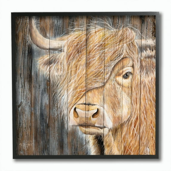 Stupell Industries Bull Portrait Wood Texture Farm Animal Painting Framed Wall Art by Diane Fifer