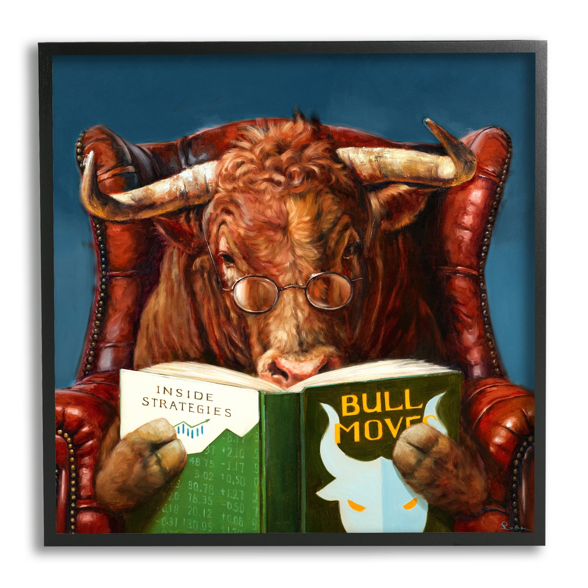 Stupell Industries Bull Reading Book Spectacles Red Leather Chair Framed Wall Art, 17 x 30, Design by Lucia Heffernan