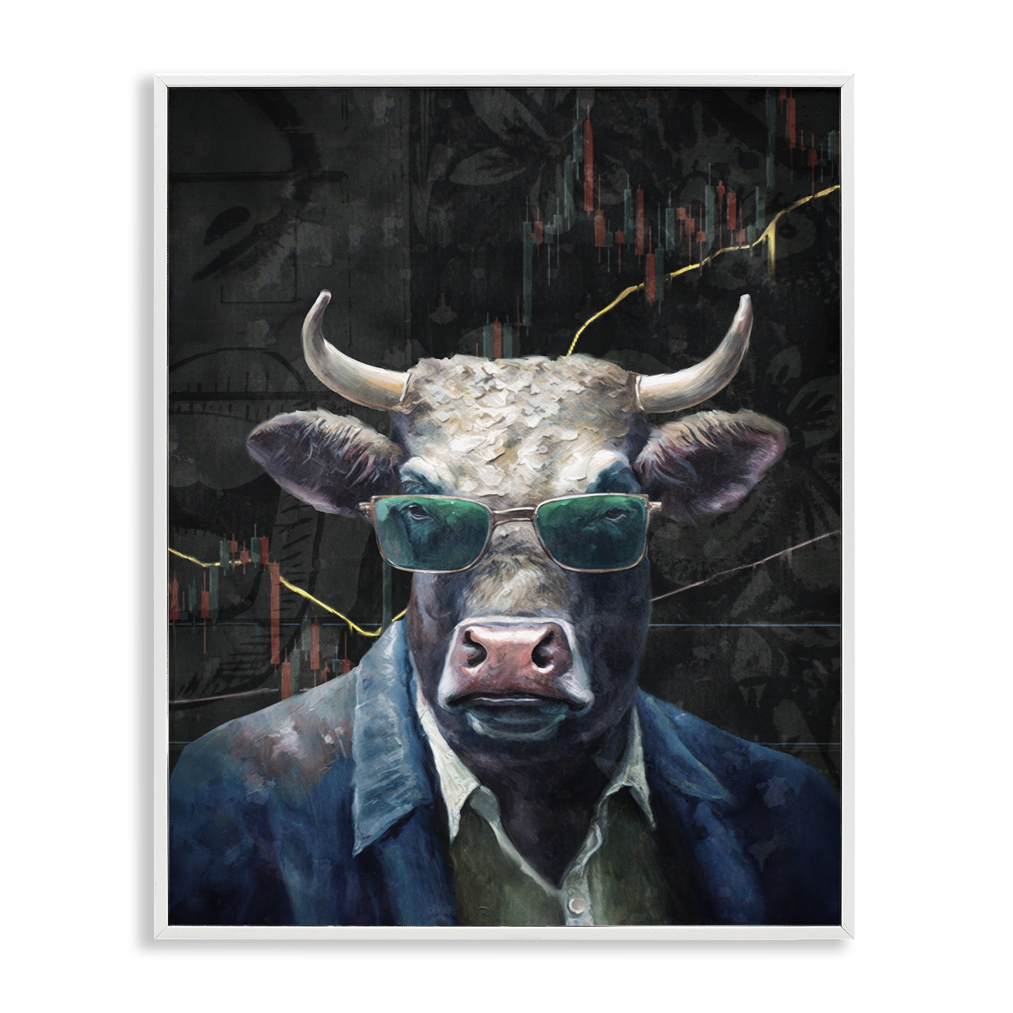Stupell Industries Bull in Sunglasses Animals Painting White Framed Art Print Wall Art, 24 x 30
