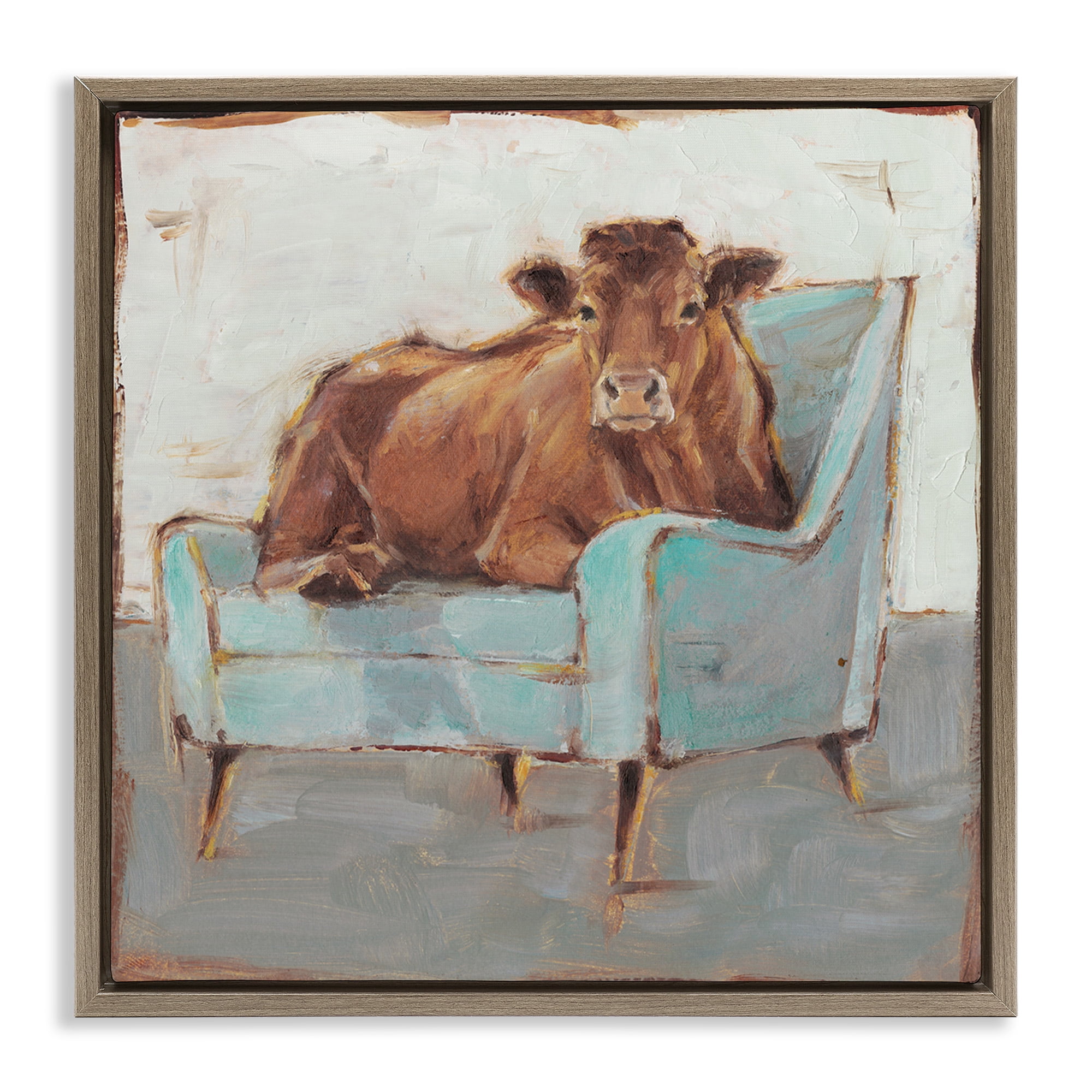 Stupell Industries Bull on Blue Couch Animals & Insects Painting Brown Floater Framed Canvas Art Print Wall Art, 18 x 18
