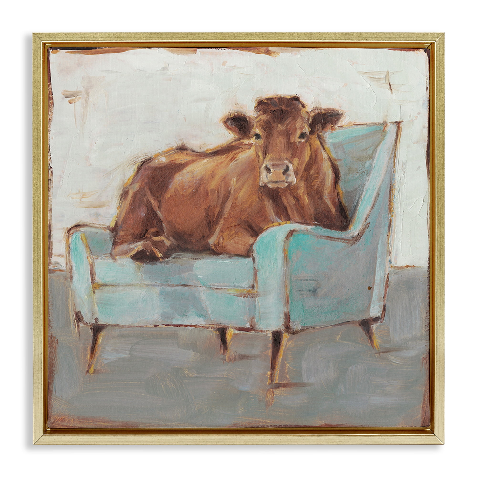 Stupell Industries Bull on Blue Couch Animals & Insects Painting Gold Floater Framed Canvas Art Print Wall Art, 25 x 25