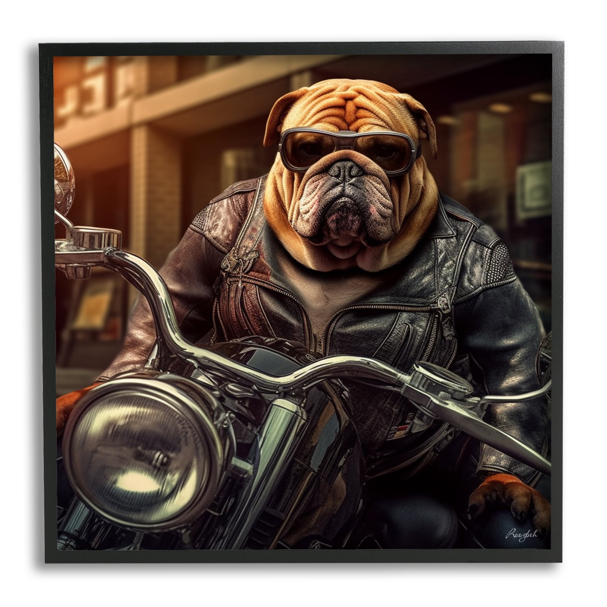 Stupell Industries Bulldog Biker Portrait Animals & Insects Painting Black Framed Art Print Wall Art, 24 x 24