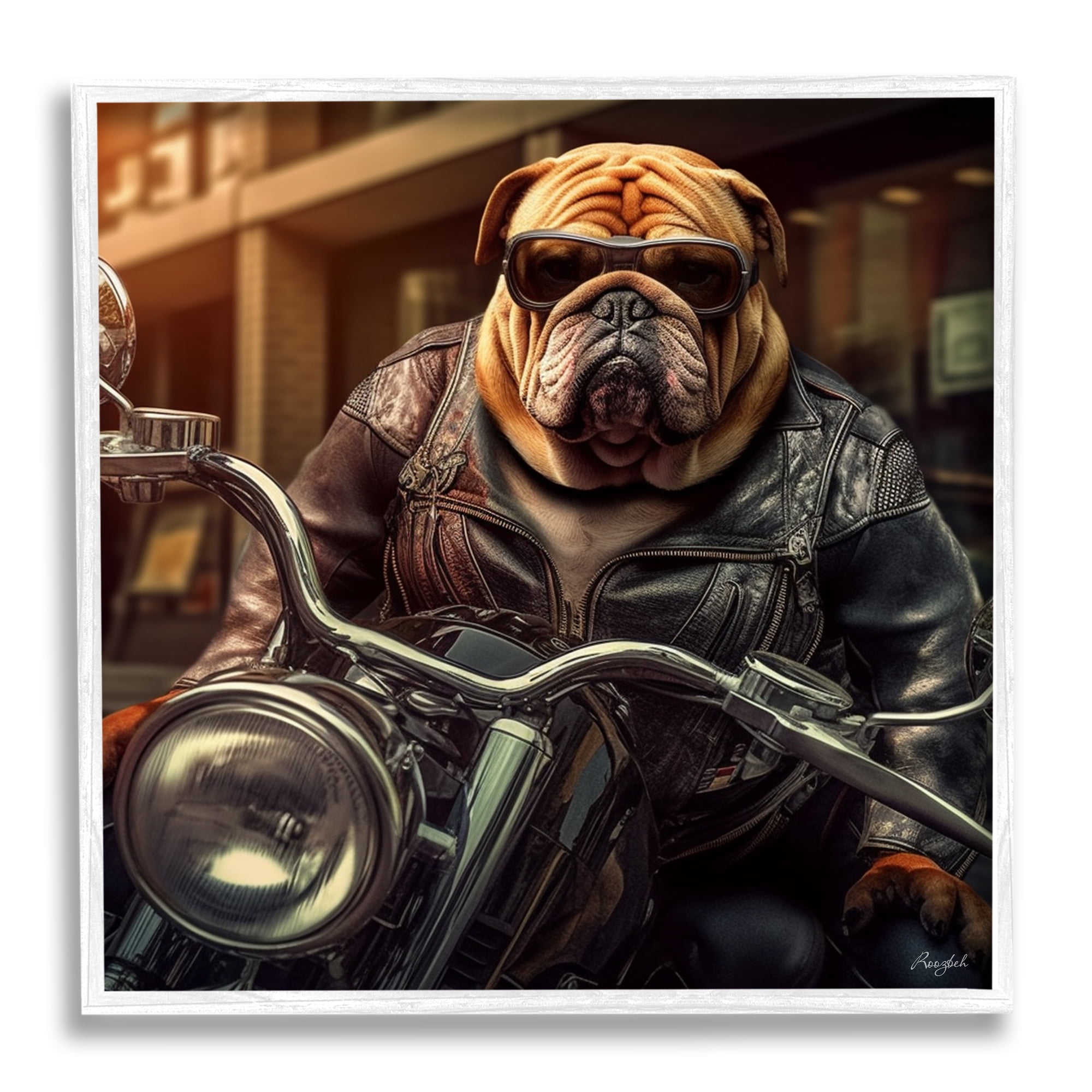Stupell Industries Bulldog Biker Portrait Animals & Insects Painting White Framed Art Print Wall Art, 17 x 17