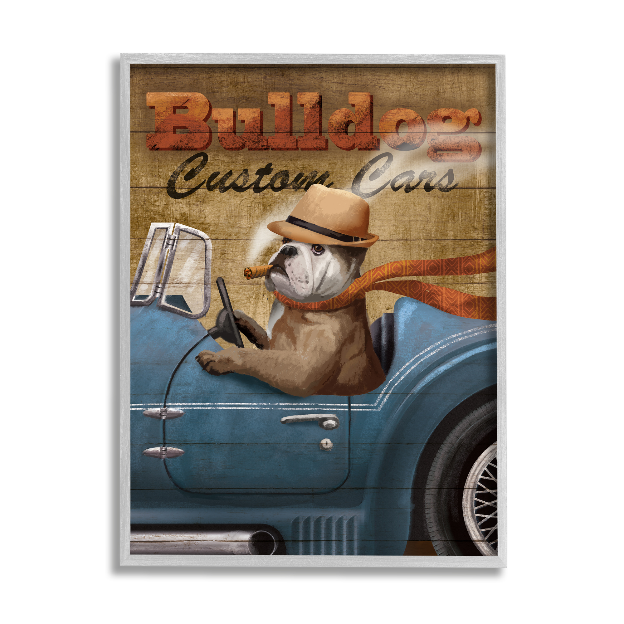 Stupell Industries Bulldog Custom Cars Sign Vintage Automobile Cigar Dog Animals & Insects Painting Gray Framed Art Print Wall Art, 16 x 20