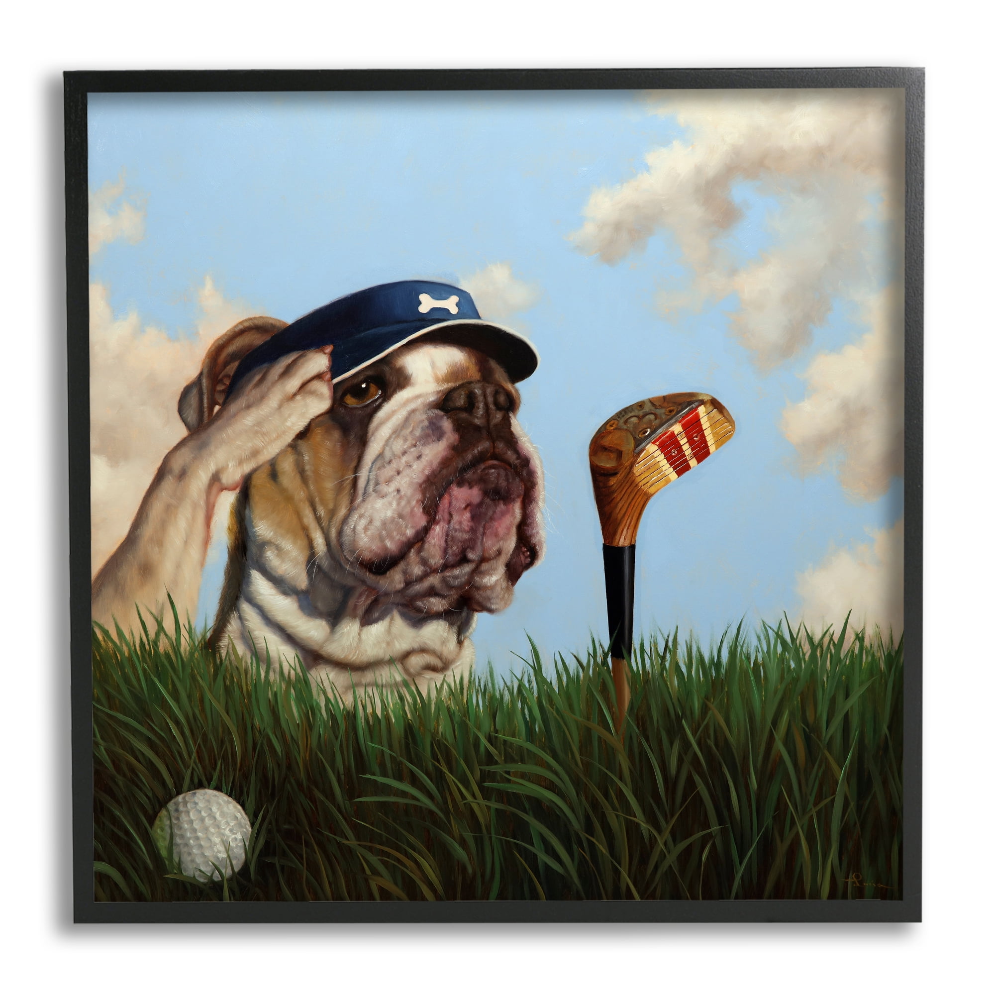 Stupell Industries Bulldog Golfing Illustration Animals & Insects Painting Black Framed Art Print Wall Art, 17 x 17