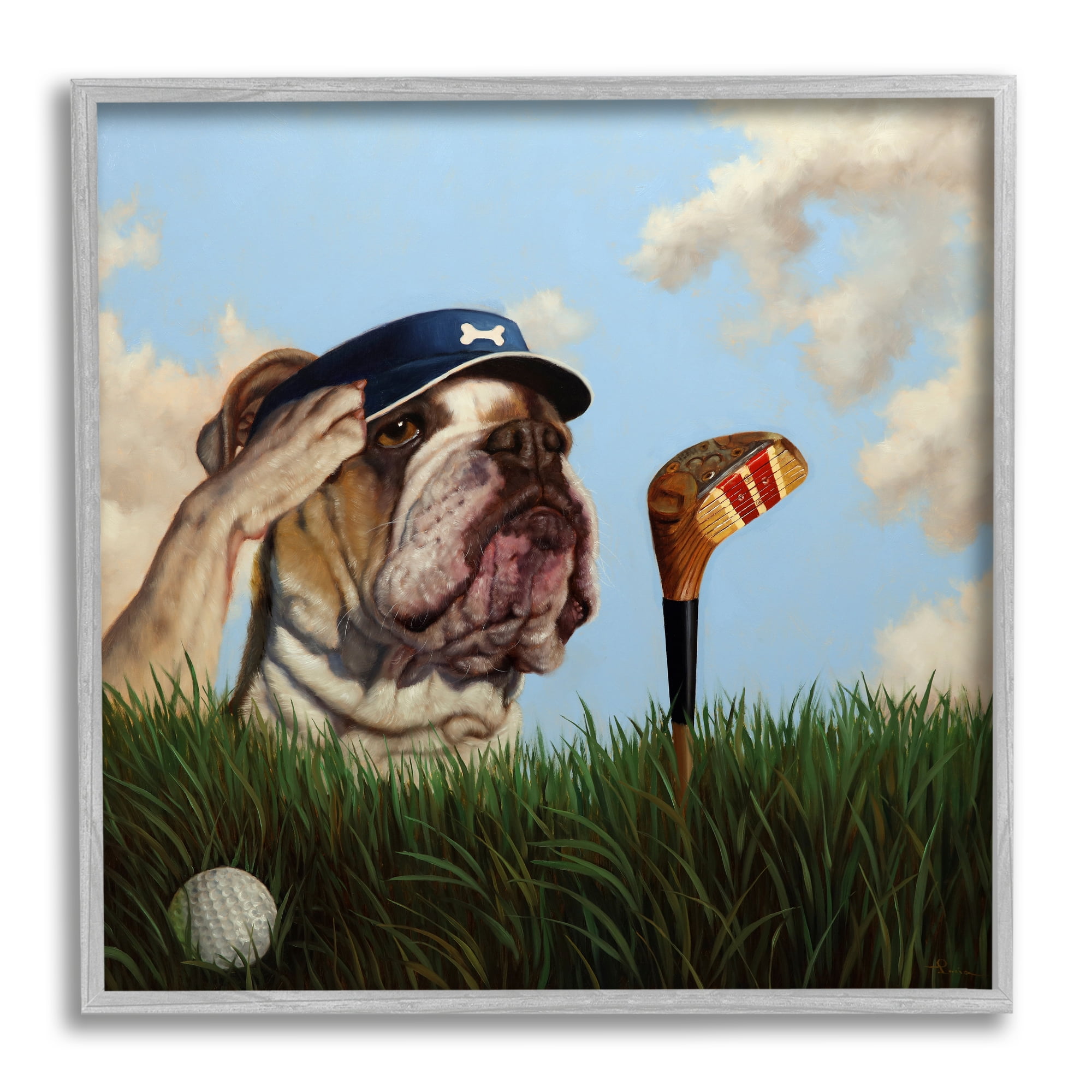 Stupell Industries Bulldog Golfing Illustration Animals & Insects Painting Gray Framed Art Print Wall Art, 17 x 17