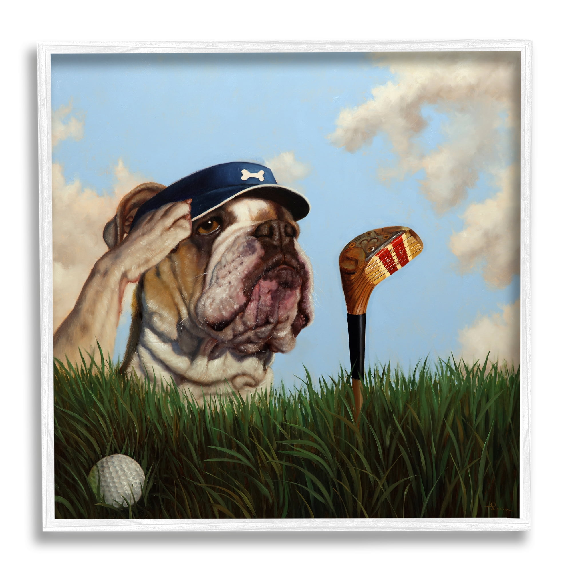 Stupell Industries Bulldog Golfing Illustration Animals & Insects Painting White Framed Art Print Wall Art, 12 x 12